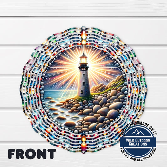 Lighthouse Wind Spinner - Coastal Garden Decor, Aluminum Outdoor Spinner Gift