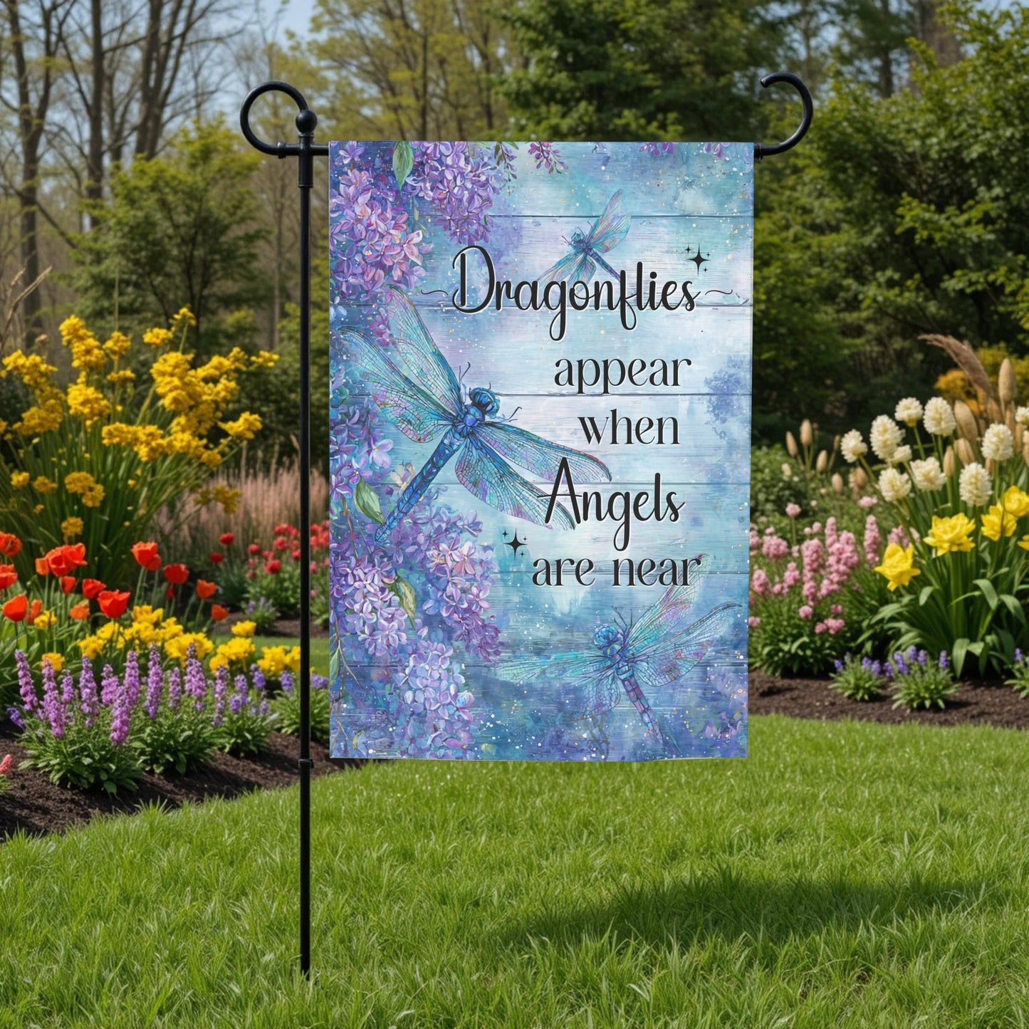 Memorial Garden Flag – Dragonfly Garden Flag with Lilac Flowers | UV Protected Polyester - lifestyle display