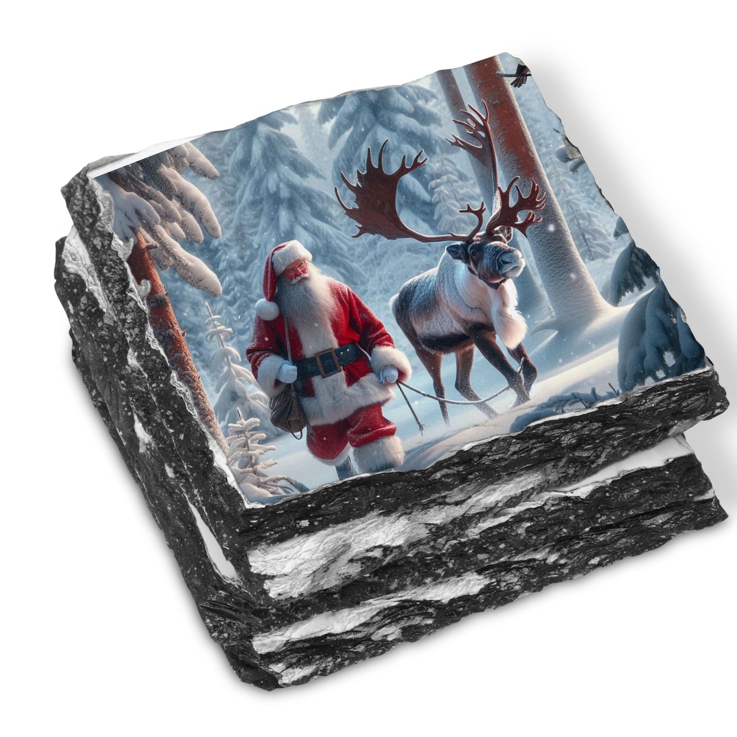 Fractured Edge Slate Coaster Set with Santa  Reindeer Winter Scene  4 Sublimation Images  Black Rack  Perfect Holiday Gift