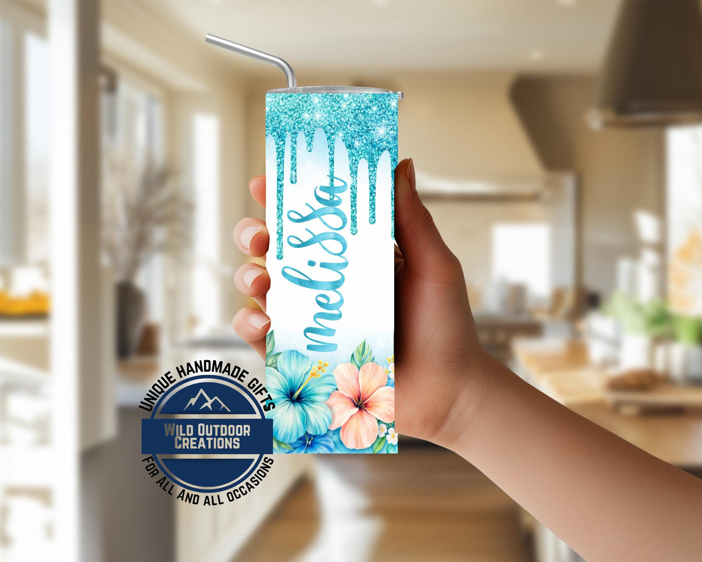 Personalized Tropical Tumbler - Double Wall Tumbler With Floral Beach Design & Glow Green