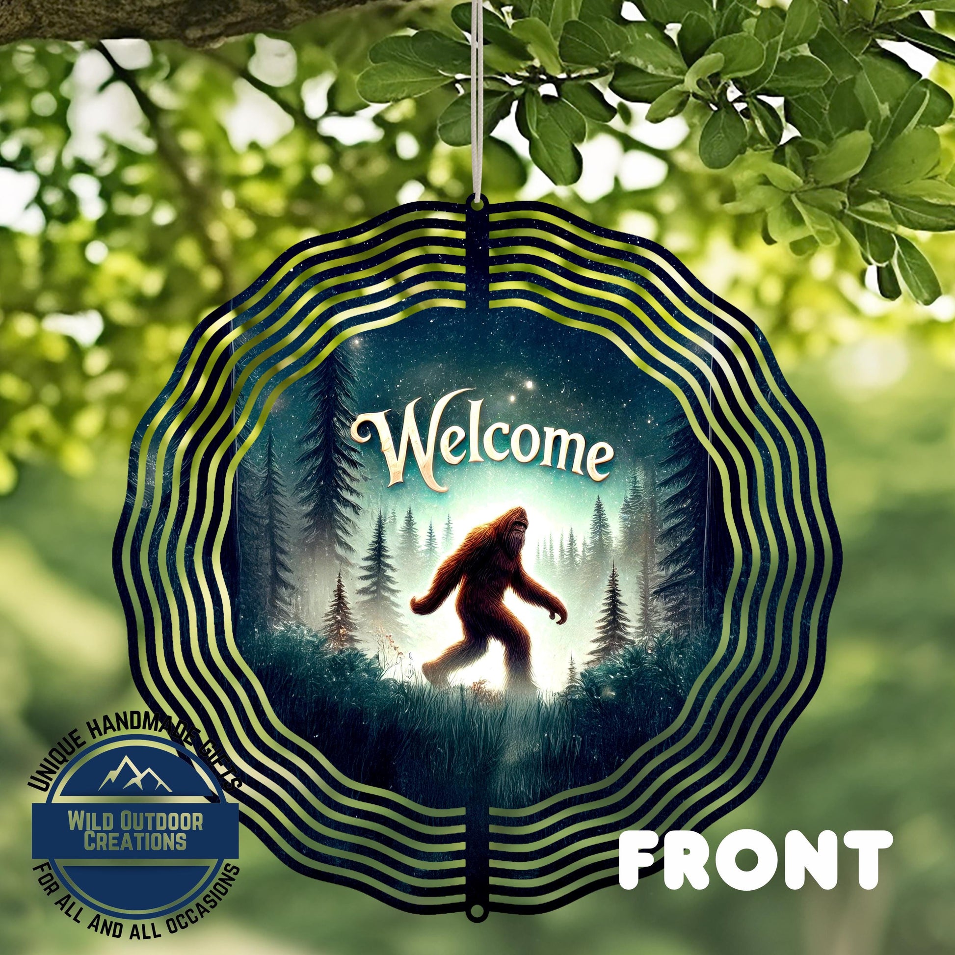 Bigfoot Welcome Spinner - Aluminum Outdoor Wind Spinner, Sasquatch Garden Decor - front and back