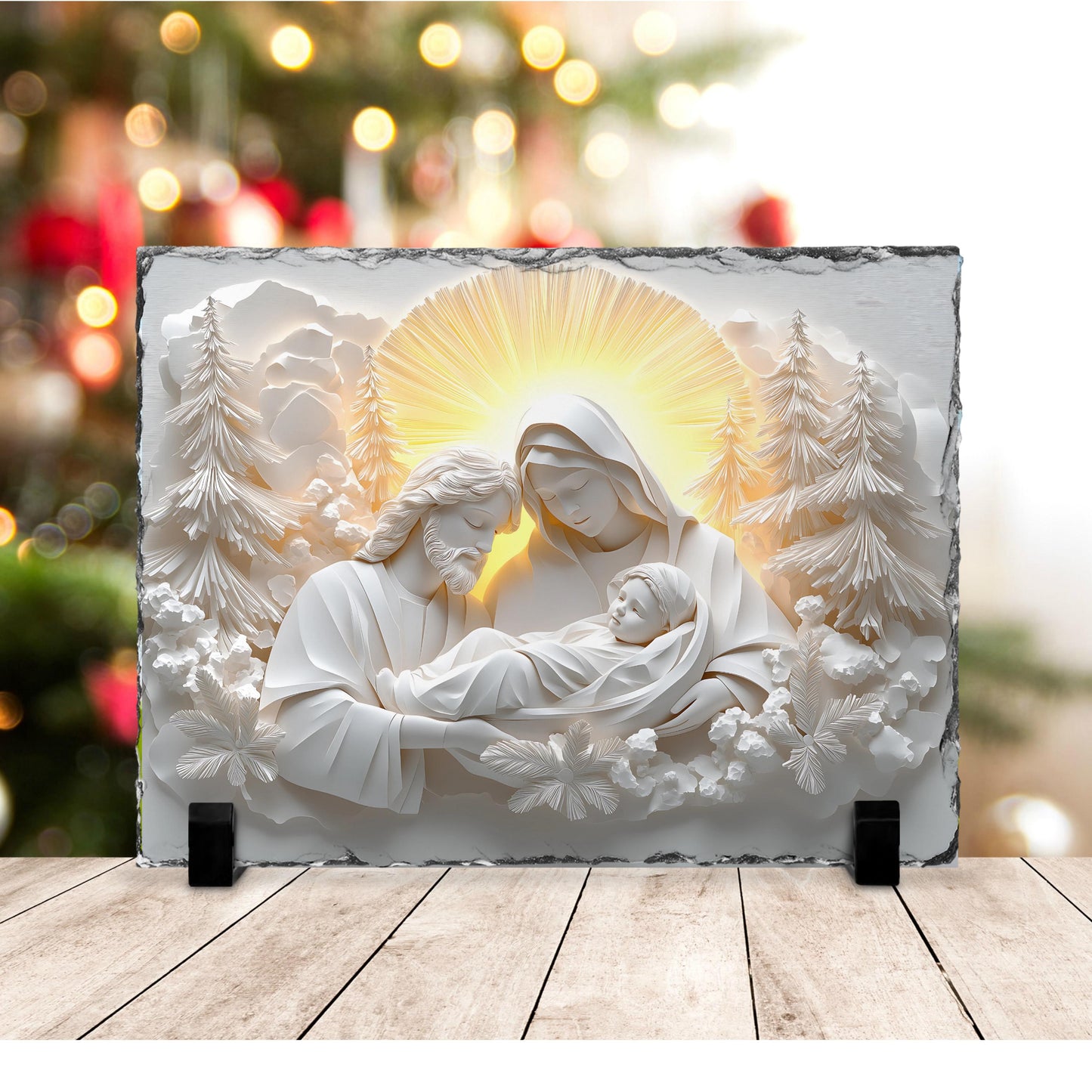 Fractured Edges Slate Plaque - 3D Nativity Scene with Mary Joseph  Baby Jesus