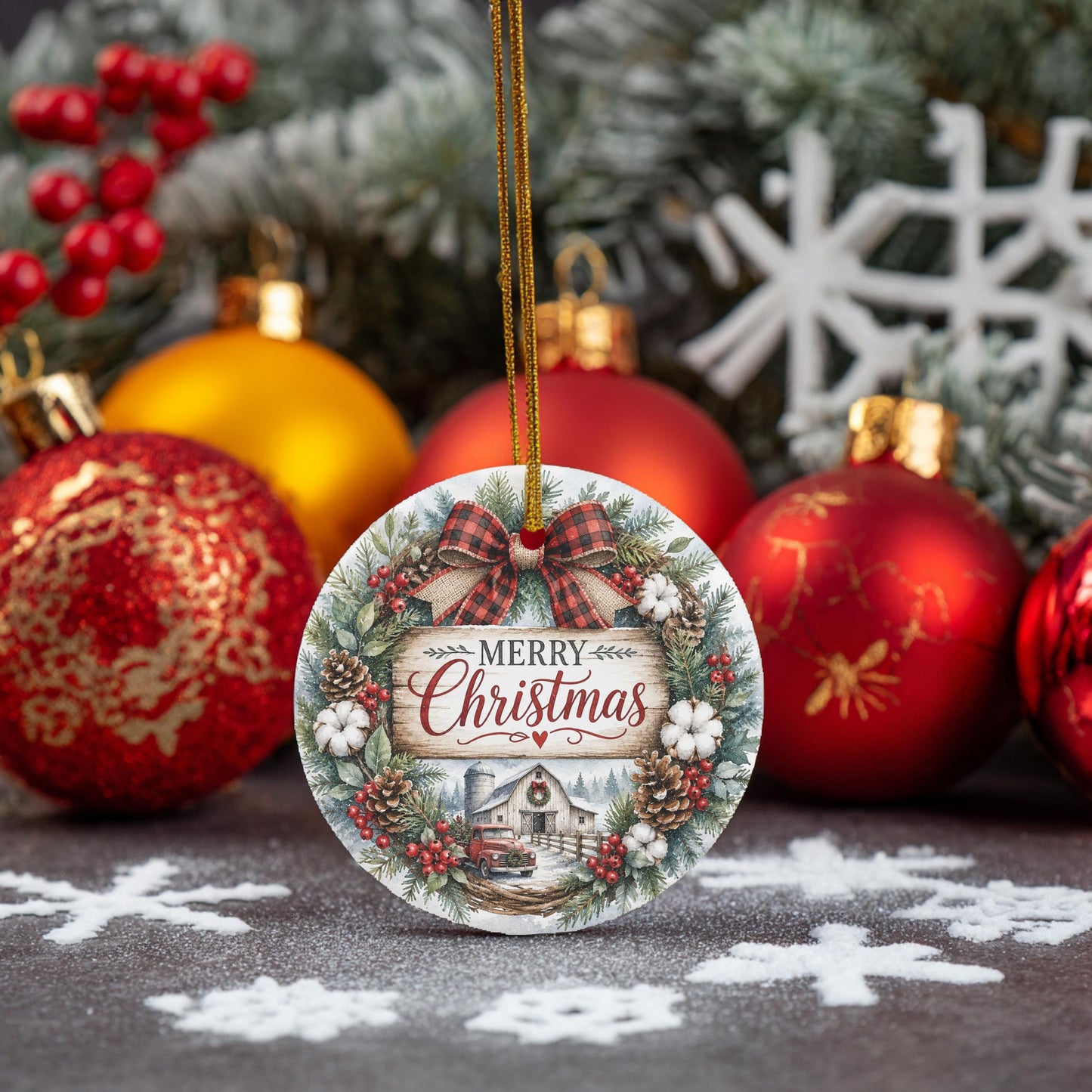 Ceramic Christmas Ornament, Farmhouse Wreath Scene, 3 Inch, Ribbon