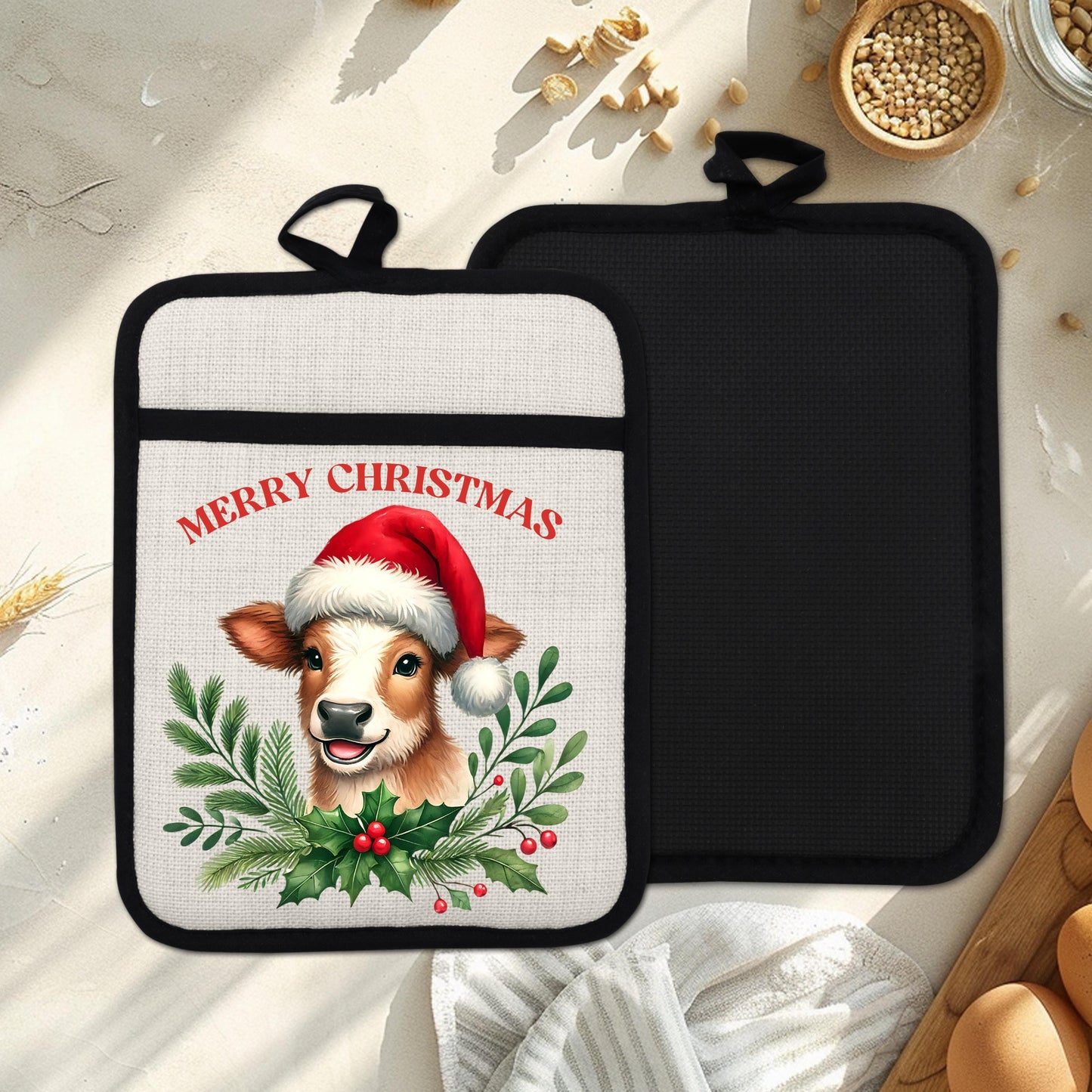 Christmas Cow Pot Holder with Santa Hat  Rustic Brown  White Farmhouse Kitchen Decor