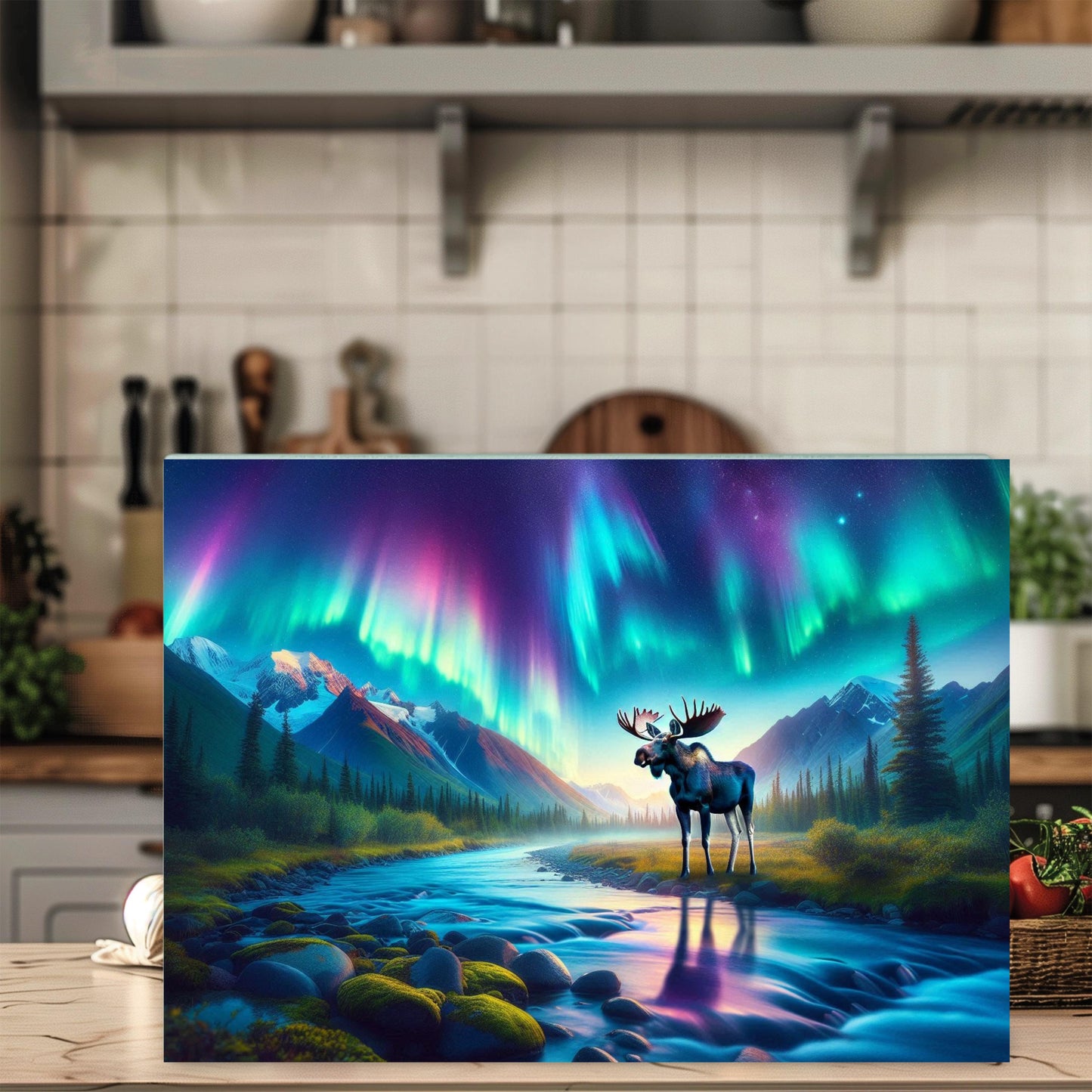 Northern Lights Moose River Glass Cutting Board, Outdoor Lover Gift, Hostess Housewarming Gift, Charcuterie Board, Moose Lover Gift