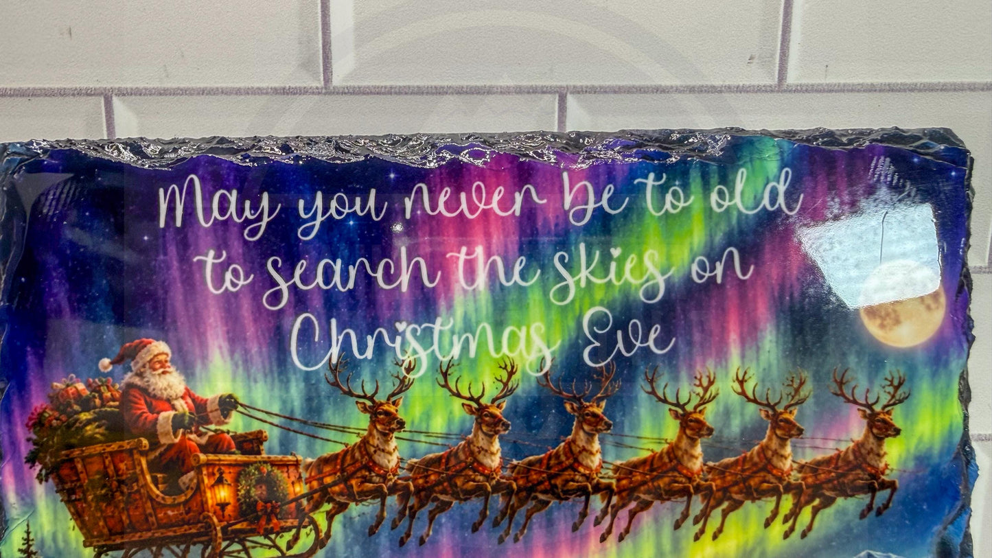 Santa Sleigh Northern Lights Slate Plaque, Christmas Eve Quote Wall Art