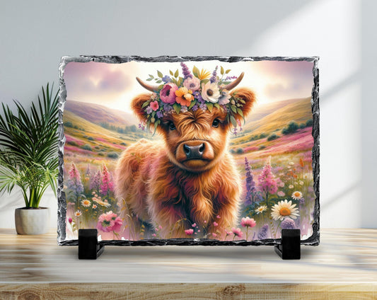 Highland Cow Slate - Cottagecore Decor Floral Crown Plaque, 5.8x7.8 Inches