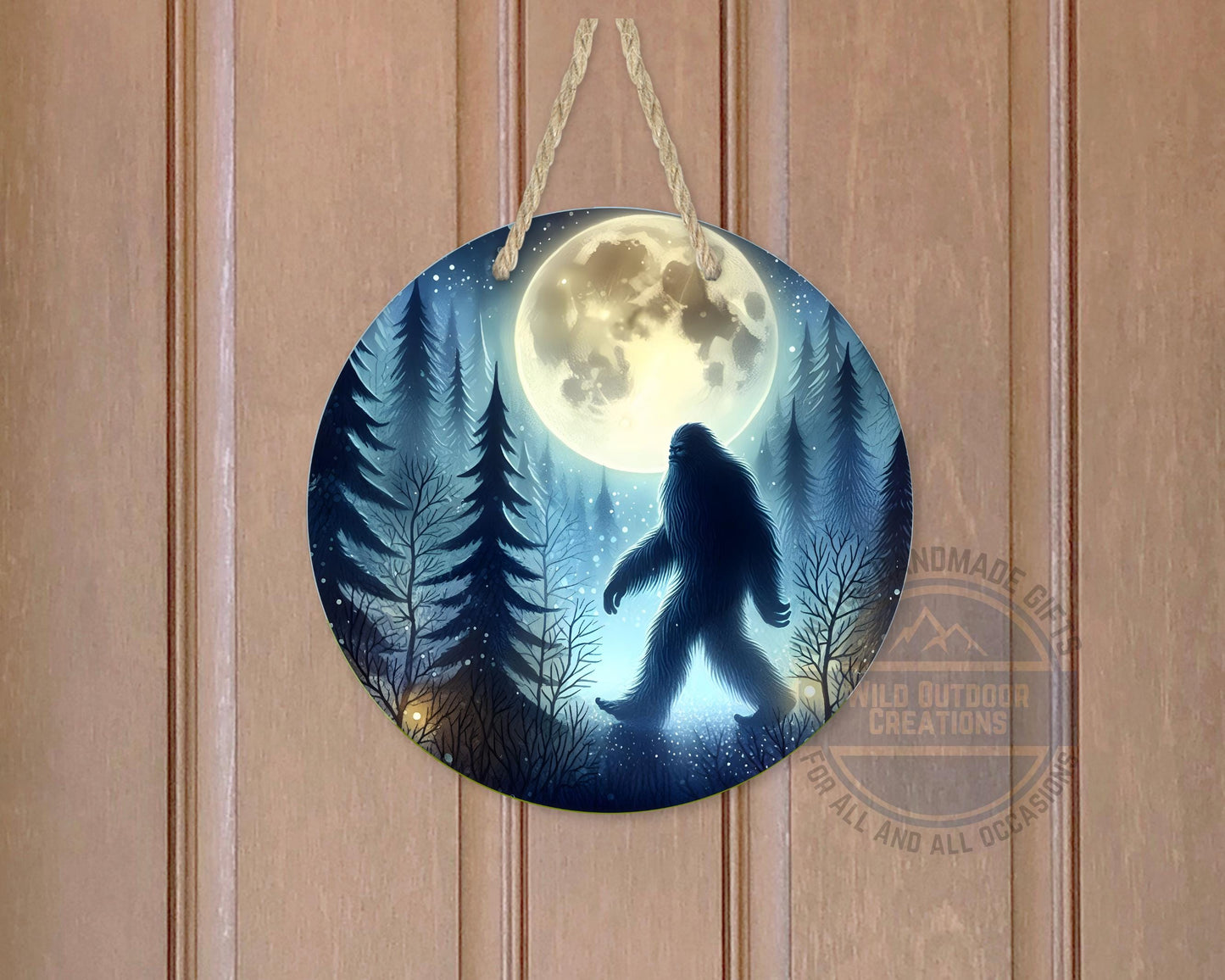 Bigfoot Door Hanger - Aluminum Round Porch Sign With Moonlit Forest Decor