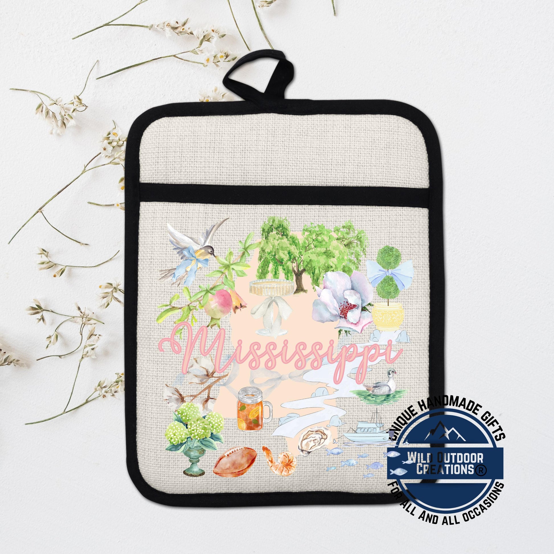 Mississippi Pot Holder | Non Slip Silicone Linen Pocket Potholder With Magnolia Design - scale and size reference