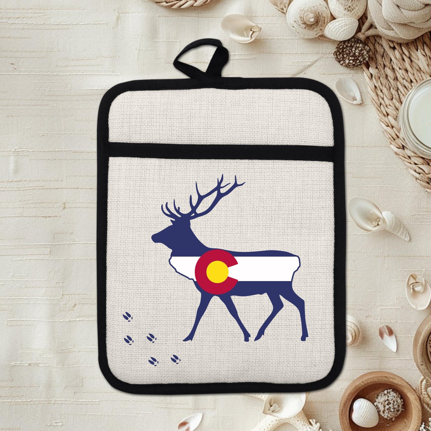 Elk Pot Holder - Colorado Linen With Silicone Back, Heat Resistant Trivet 9x7 Inches