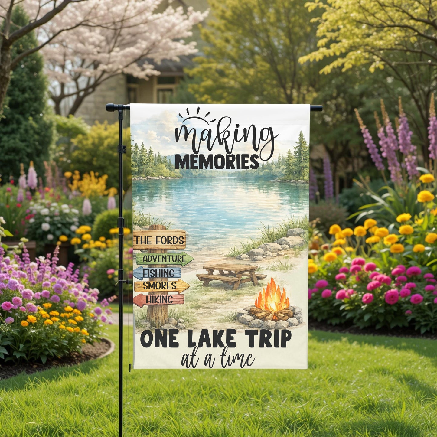 Personalized Lake Flag - Custom Lake Trip Garden Flag 12x18 | UV Protected Double Sided - close up detail