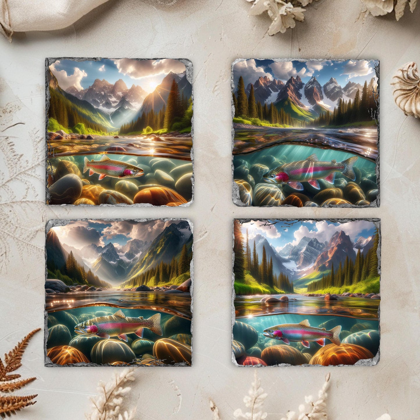 Rainbow Trout Slate Coaster Set with Fractured Edges - Ideal Gift for Fishermen and Outdoor Lovers