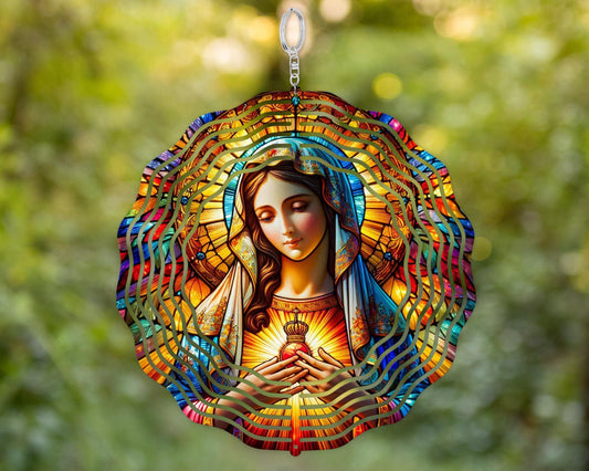 Mother Mary Wind Spinner, 10' Aluminum 3D Spinner, UV Protected Outdoor Decor