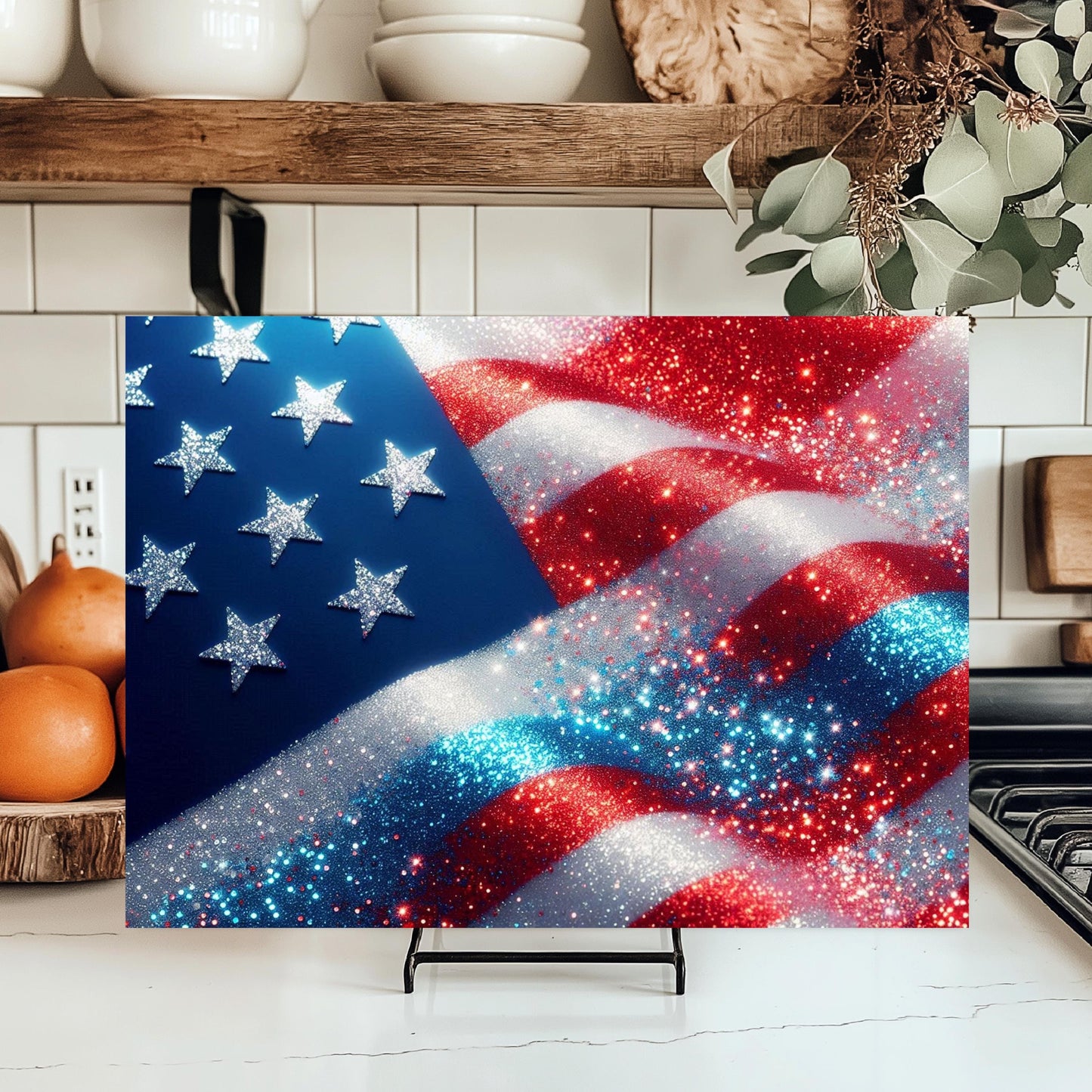 Patriotic Faux Glitter Cutting Board, Large Kitchen Glass Board, Hostess Housewarming Gift, Functional Art, Countertop Decor, Culinary Decor
