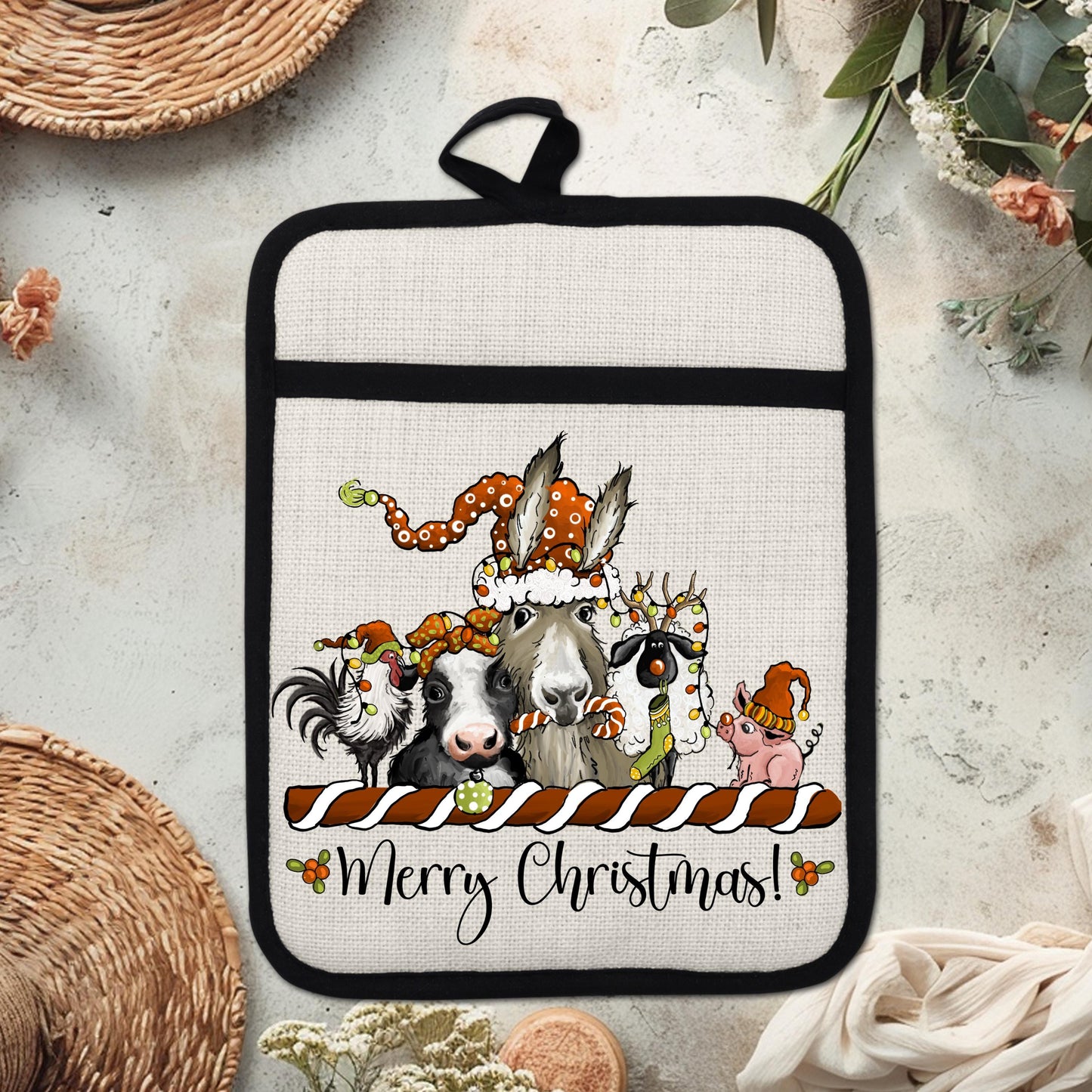 Farm Animal Christmas Pot Holder  Funny Holiday Kitchen Decor with Chicken Cow Llama Pig  Sheep Design