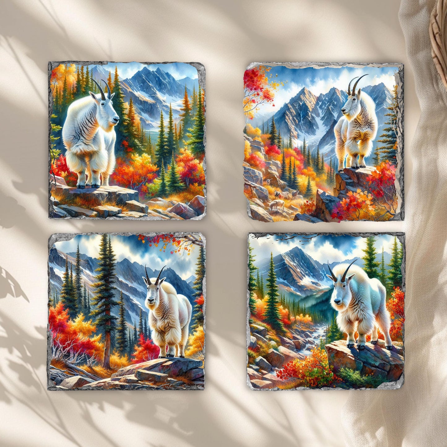 Handcrafted Slate Coaster Set with Fall Mountain Goat Designs - Perfect Gift for Nature Lovers