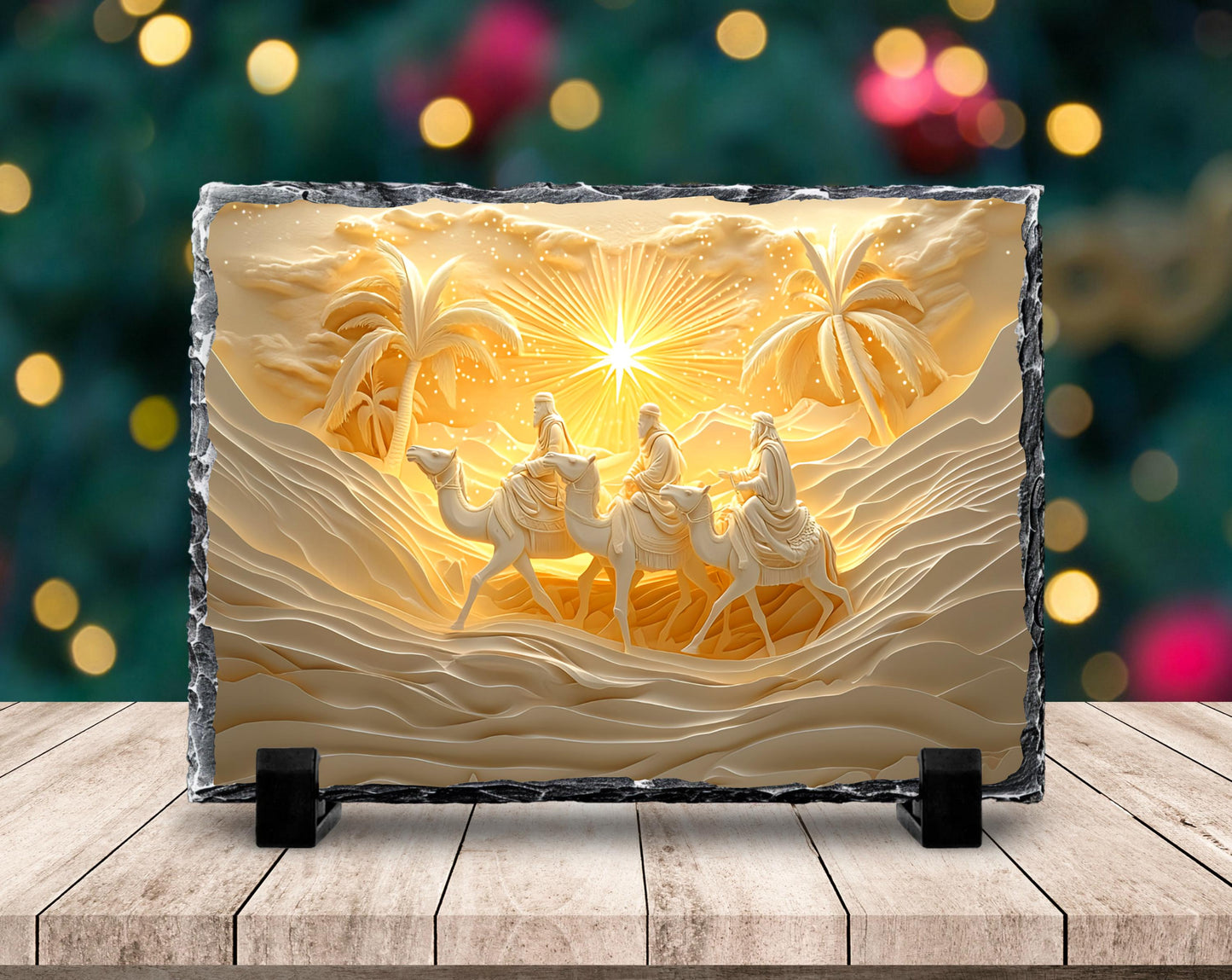 3 Wise Men Nativity Slate Plaque - Elegant Gold  White Design with Fractured Edge Ideal Christmas Gift or Religious Decor