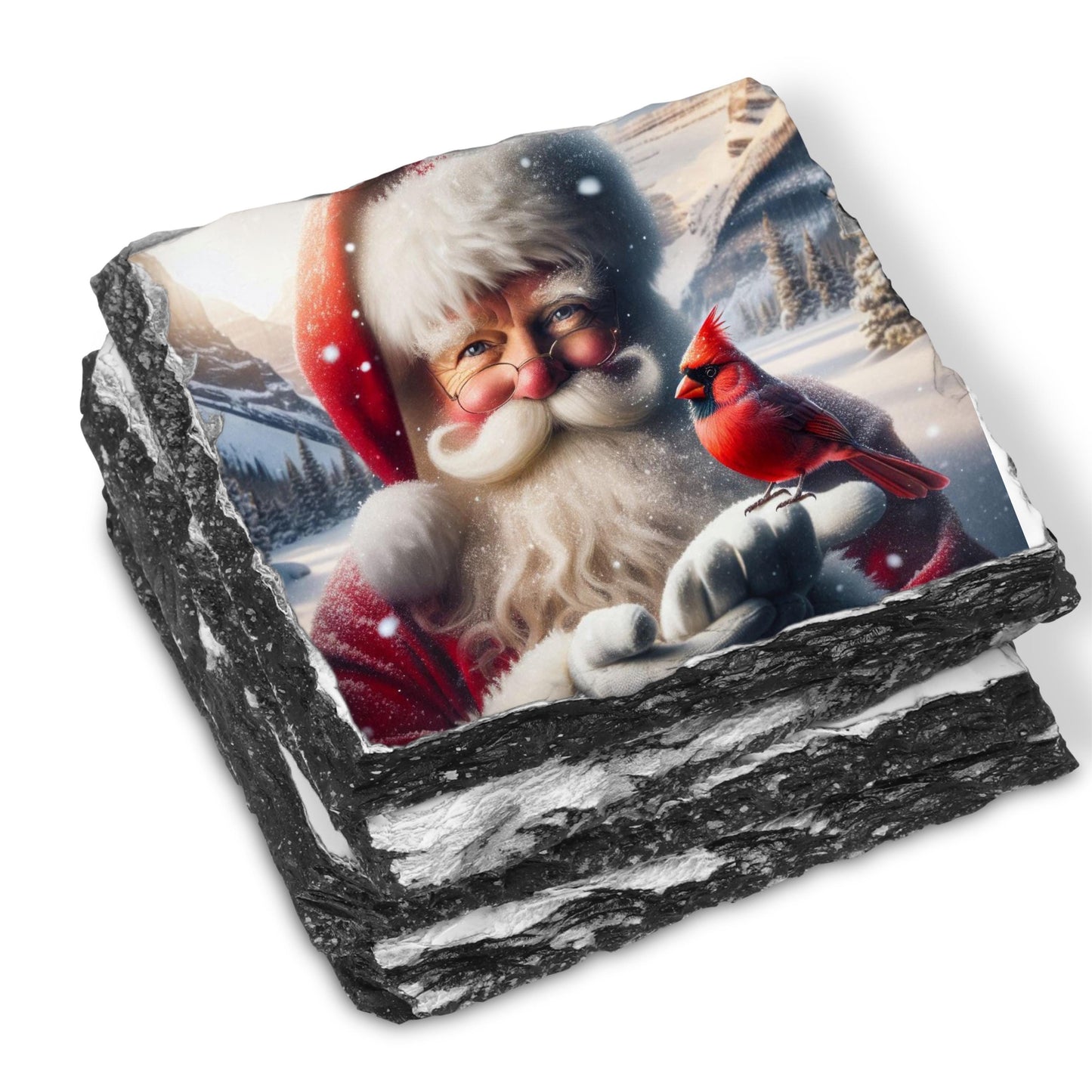 Slate Coaster Set with Santa's Winter Scene and Cardinal - 3.5x3.5 Inches Fractured Edges Includes Black Rack Ideal Holiday Gift