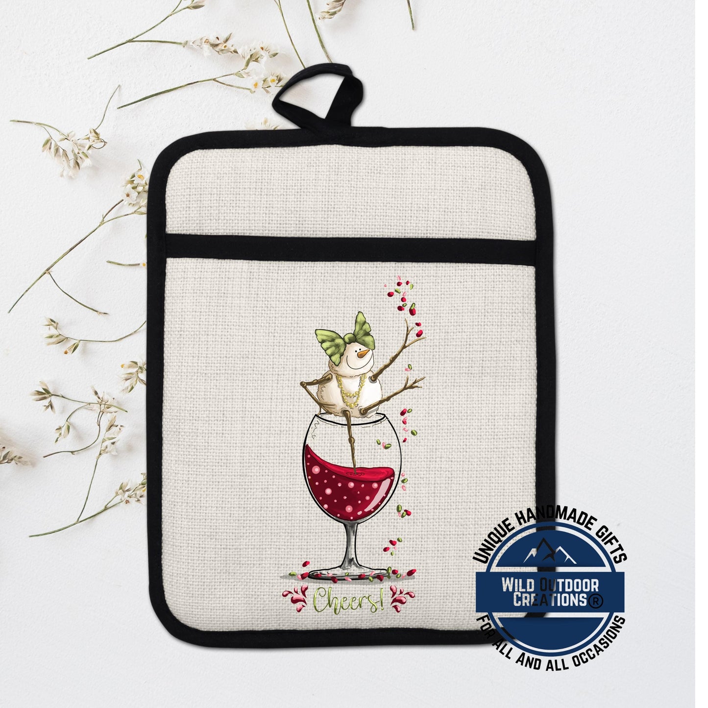 Wine Snowman Pot Holder Linen Hot Pad Cheers Kitchen Gift Wine Lover