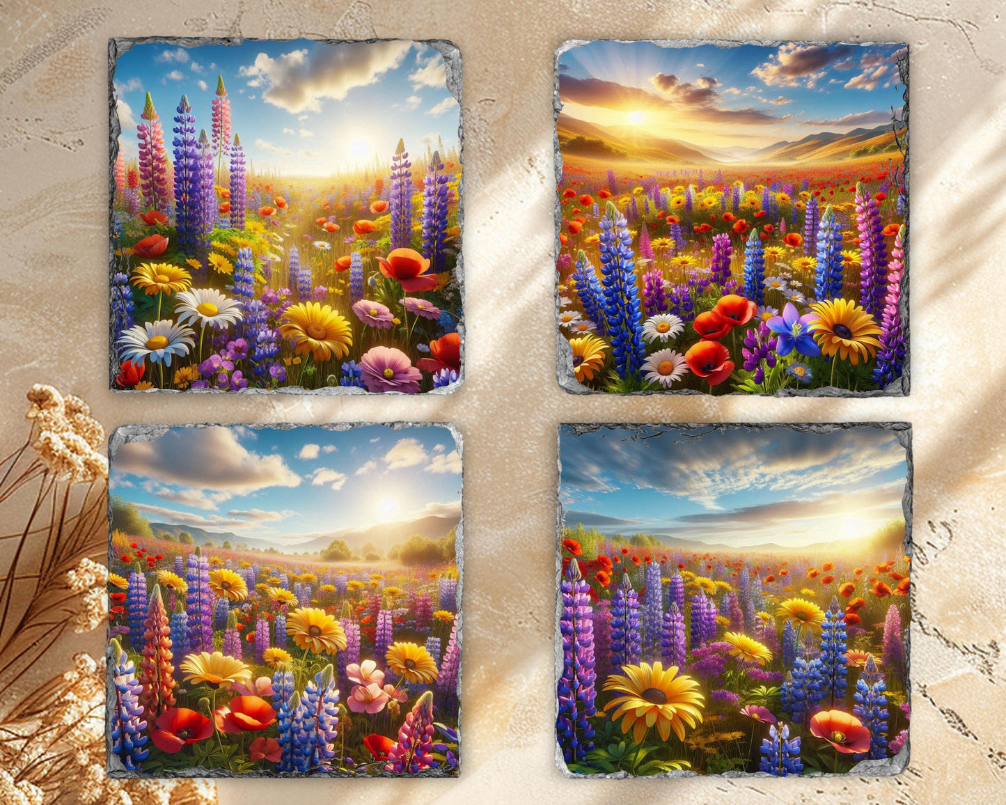Rustic Sunset Slate Coaster Set - Wildflower Valley Gift for Her