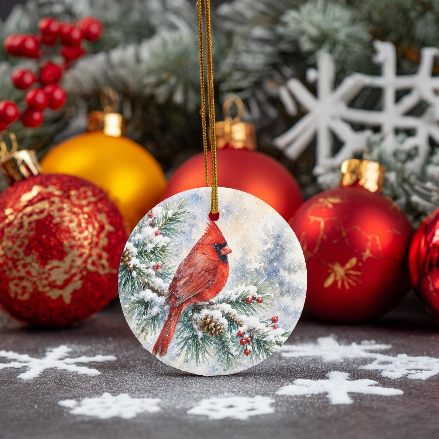 a round ornament with a red cardinal perched on a snowy branch, surrounded by various Christmas ornaments and decorations, including red and gold ornaments, snowflakes, and pine branches.