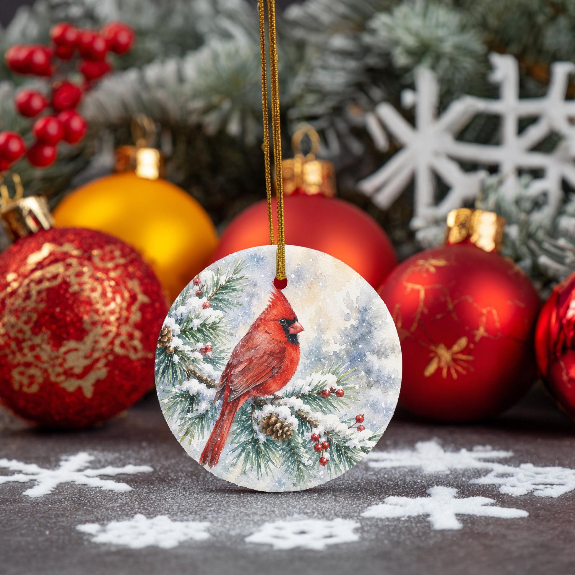 a round ornament with a red cardinal perched on a snowy branch, surrounded by various Christmas ornaments and decorations, including red and gold ornaments, snowflakes, and pine branches.