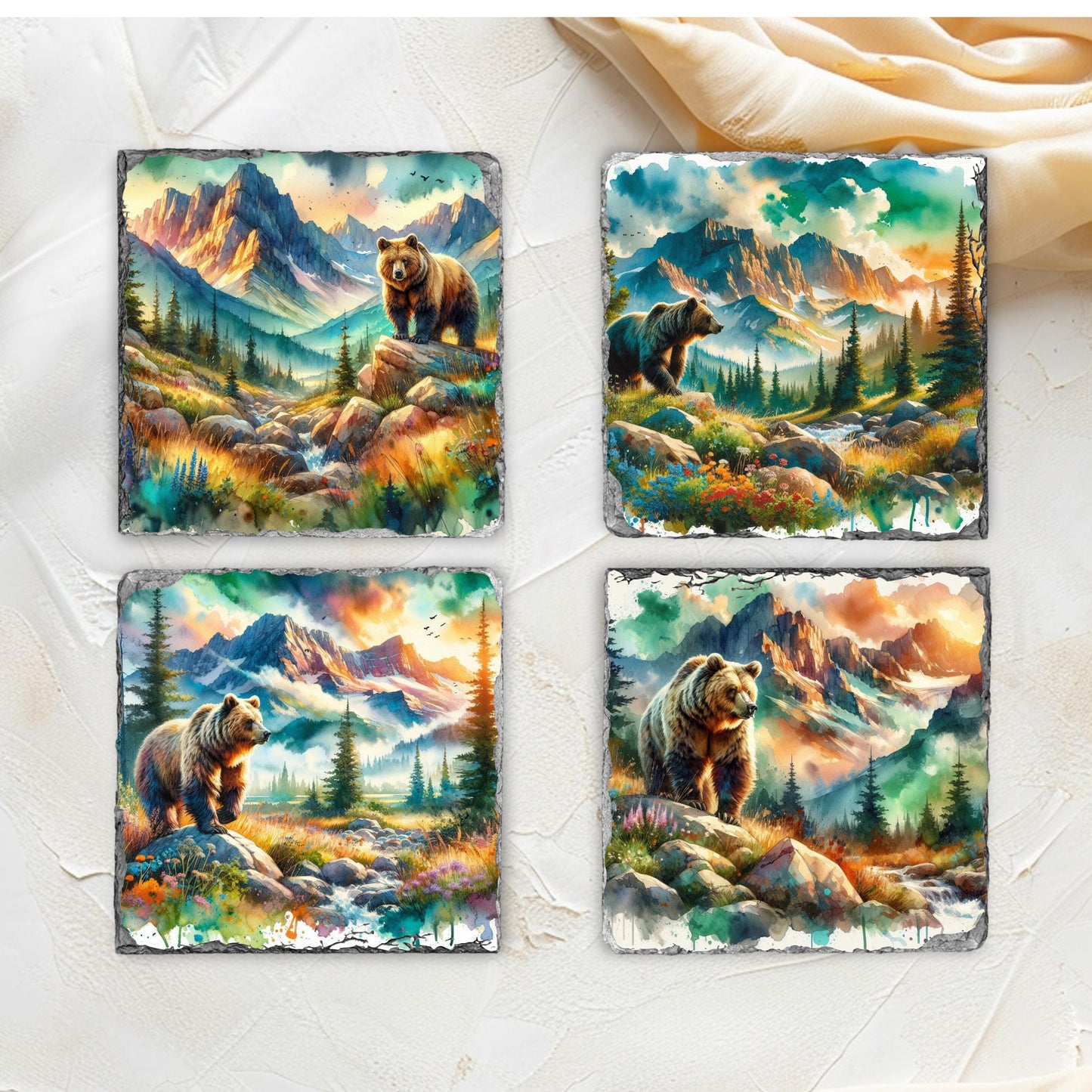 Brown Bear Mountain Watercolor Slate Coaster Set with Black Rack  Unique Nature Gift for Wildlife Enthusiasts