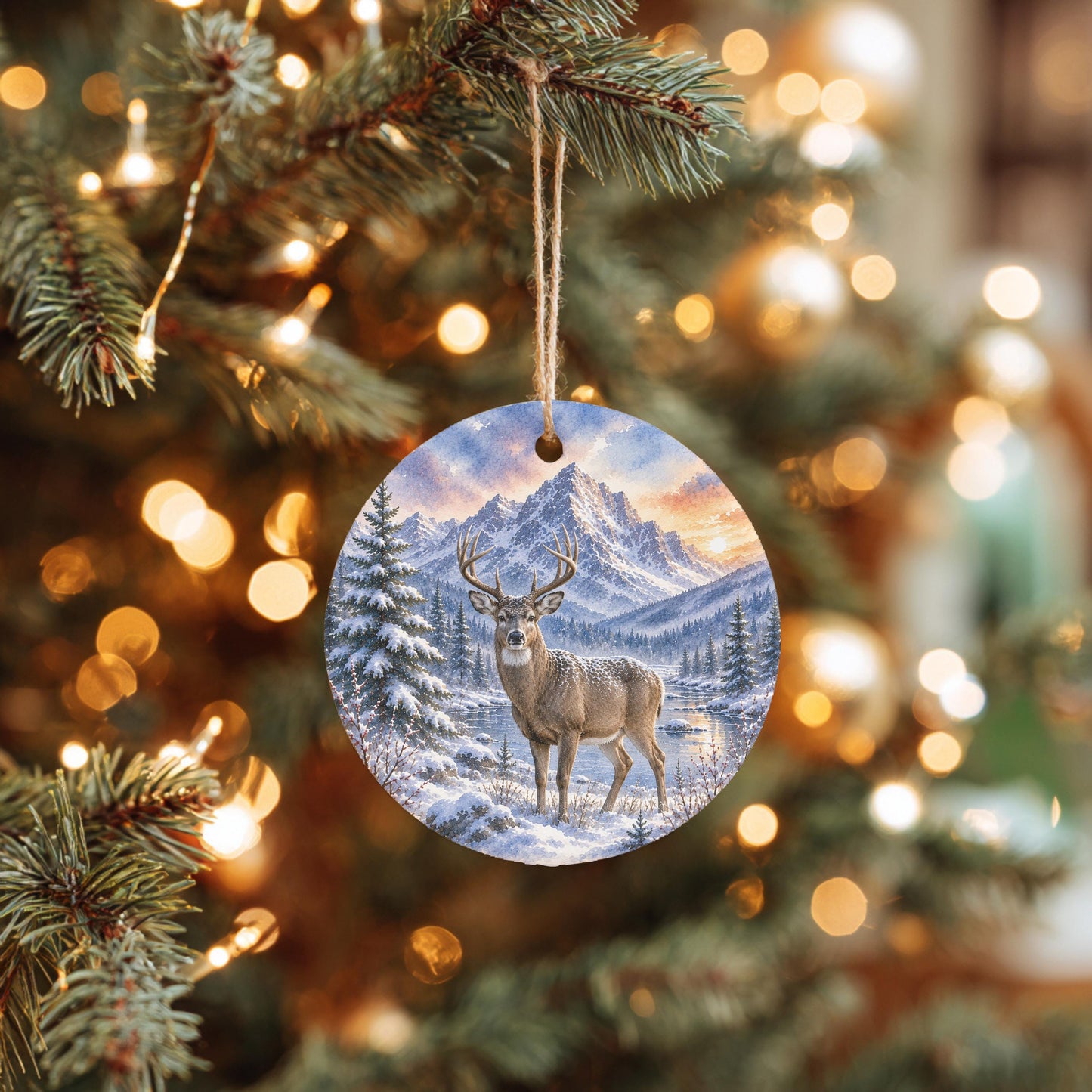 Whitetail Deer Ornament, Watercolor Mountain River Scene, Ceramic, 3 Inch