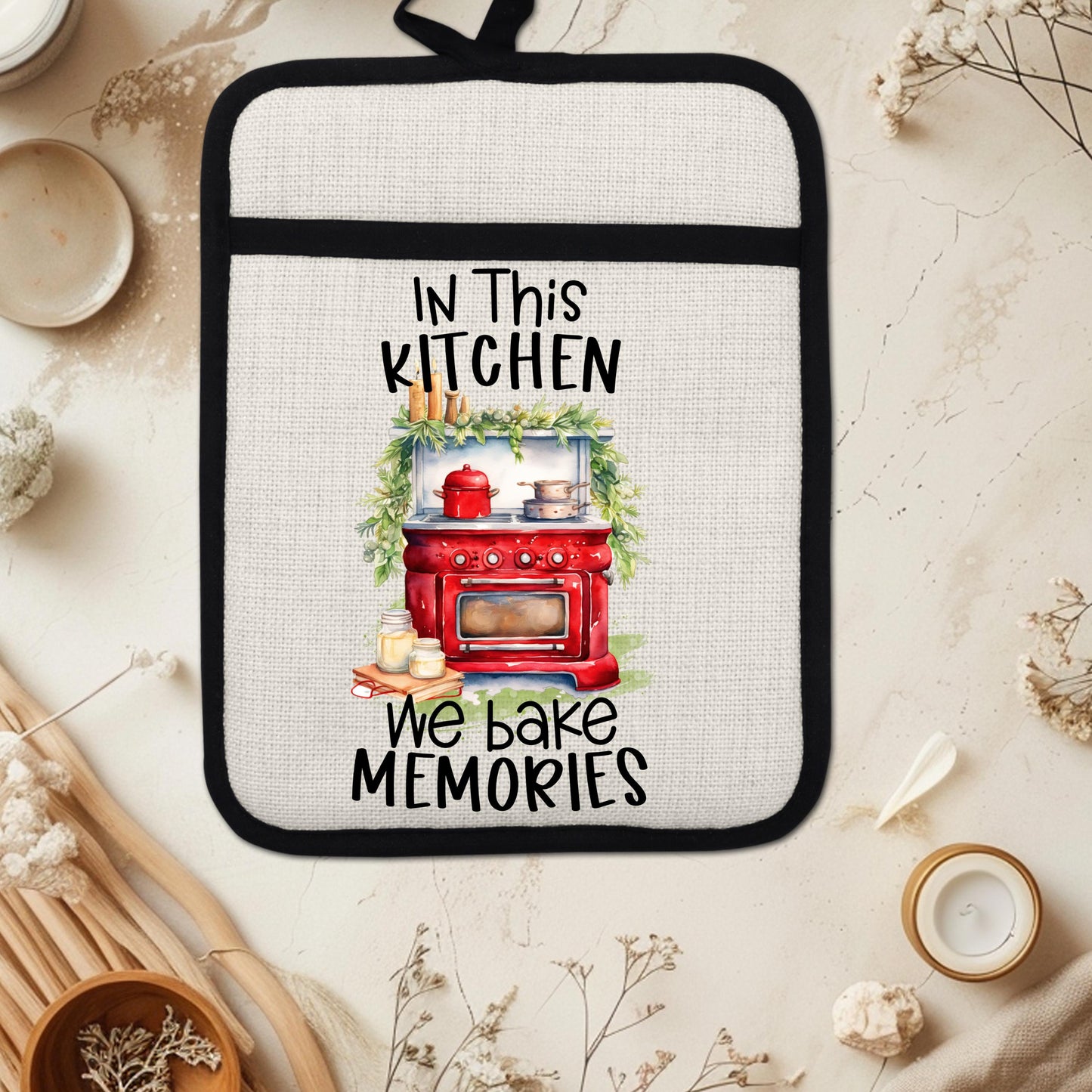 Red Farmhouse Oven Pot Holder - We Bake Memories Quote Rustic Linen Hot Pad for Christmas Kitchen Decor  Holiday Gifts