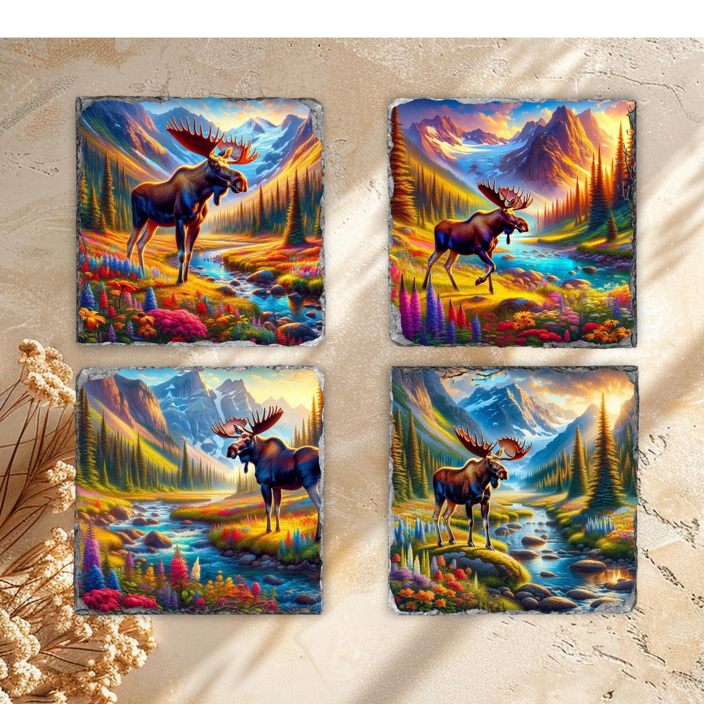 Slate Coaster Set with Moose  Mountain Views - Fractured Edges Ideal Nature Lover Gift