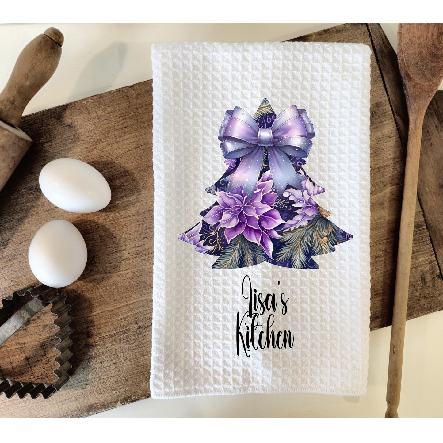 Personalized Purple Christmas Tree Kitchen Towel - Waffle Weave Holiday Decor