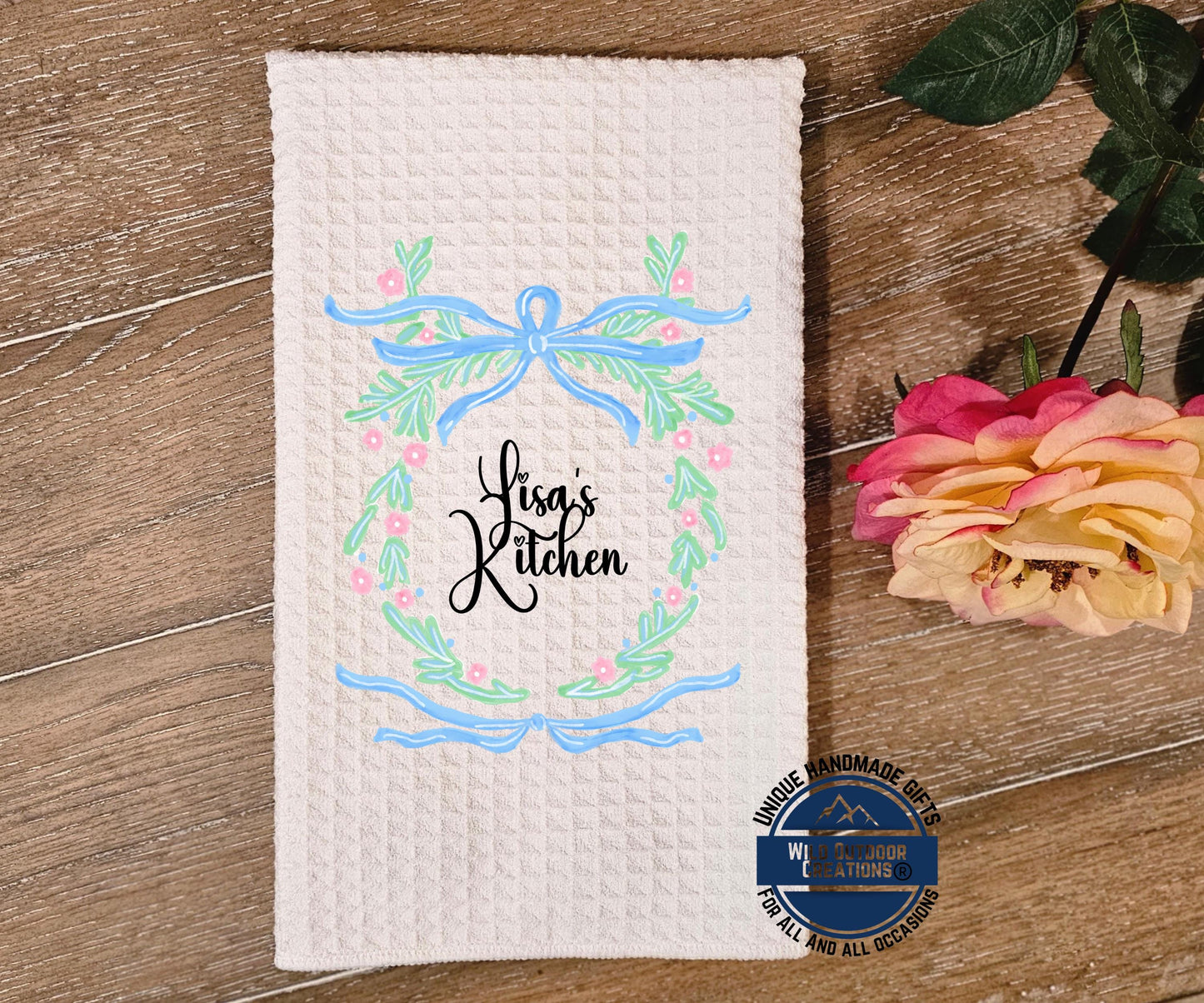 Personalized Kitchen Towel – Custom Name Floral Wreath Waffle Weave Gift - packaging and presentation