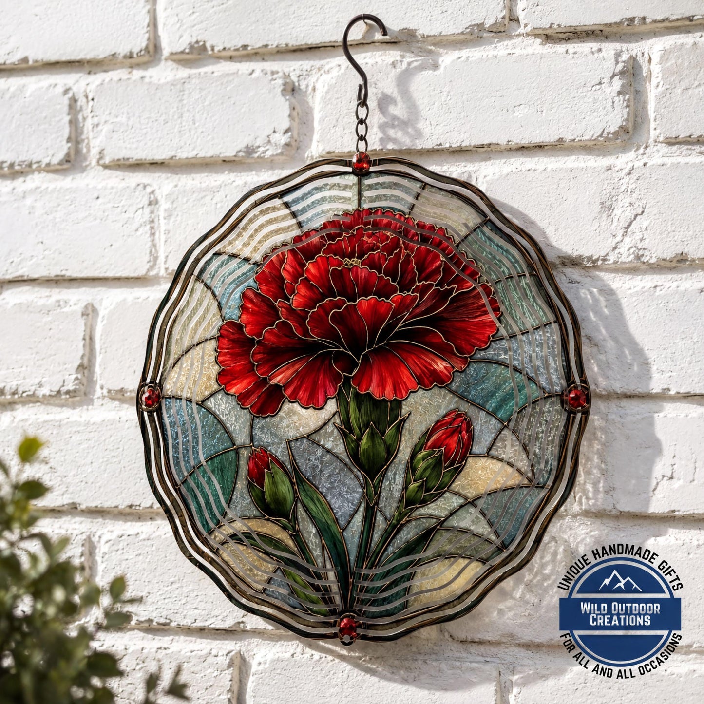 January Birth Flower Carnation Wind Spinner 10 Inch Faux Stained Glass Metal Garden Decor