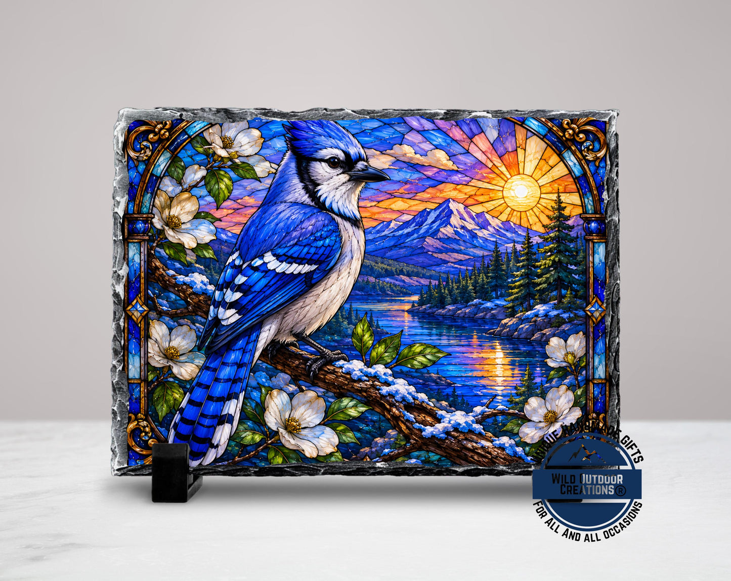 Blue Jay Faux Stained Glass Slate Plaque, Mountain Lake Sunset Bird Decor, Birder Gift