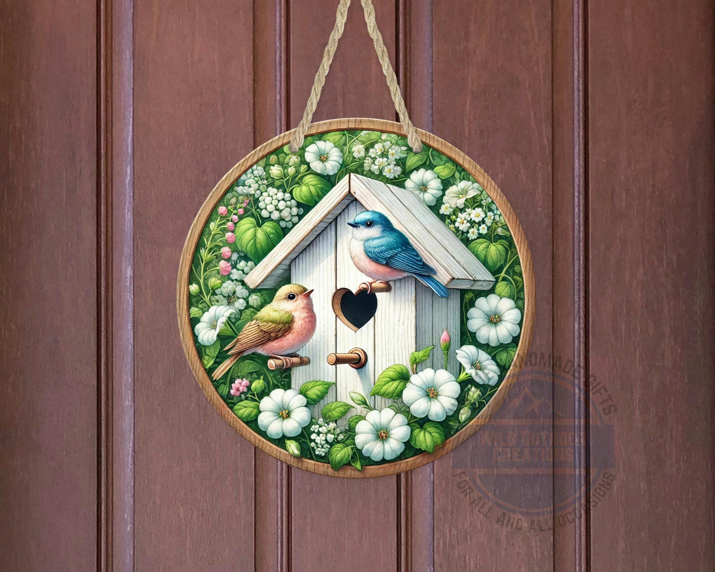 Birdhouse Door Hanger – Spring Door Decor with Songbird Porch Welcome Sign