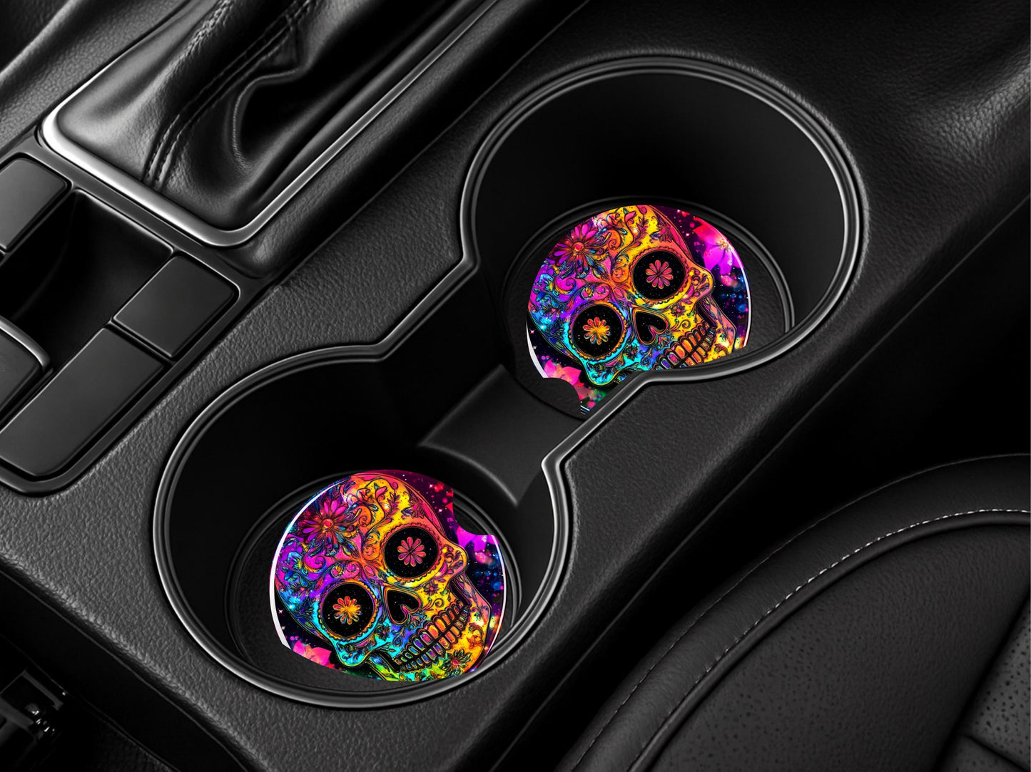 Rainbow Sugar Skull Car Coaster - Stylish Sandstone Cup Holder Mat for Vehicle Decor