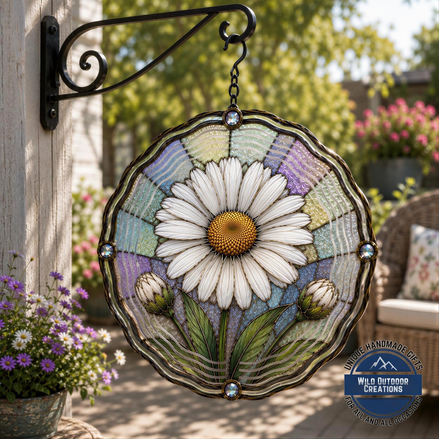 April Birth Flower Daisy Wind Spinner 10 Inch Faux Stained Glass Metal Garden Decor