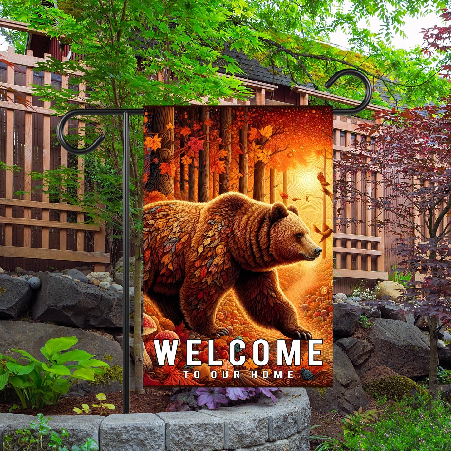 Fall Garden Flag Featuring Brown Bear - Nature-Inspired Outdoor Decor