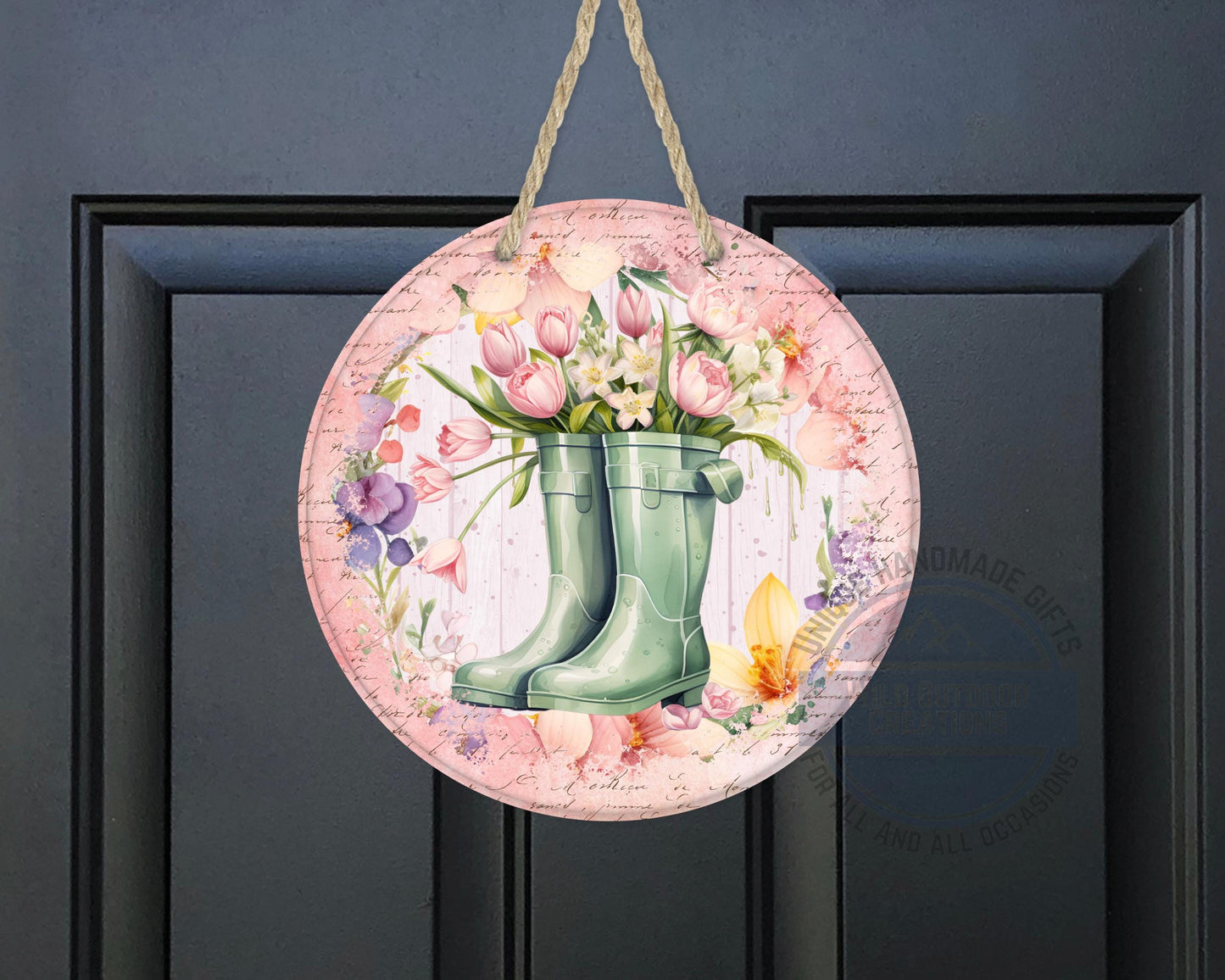 Spring Garden Boots - Pink Tulip Floral Door Hanger | Rustic Farmhouse Charm