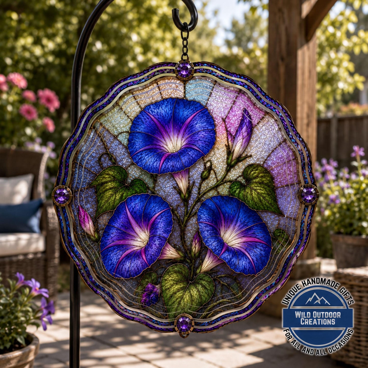 September Birth Flower Wind Spinner Morning Glory Faux Stained Glass Garden Gift Yard Art