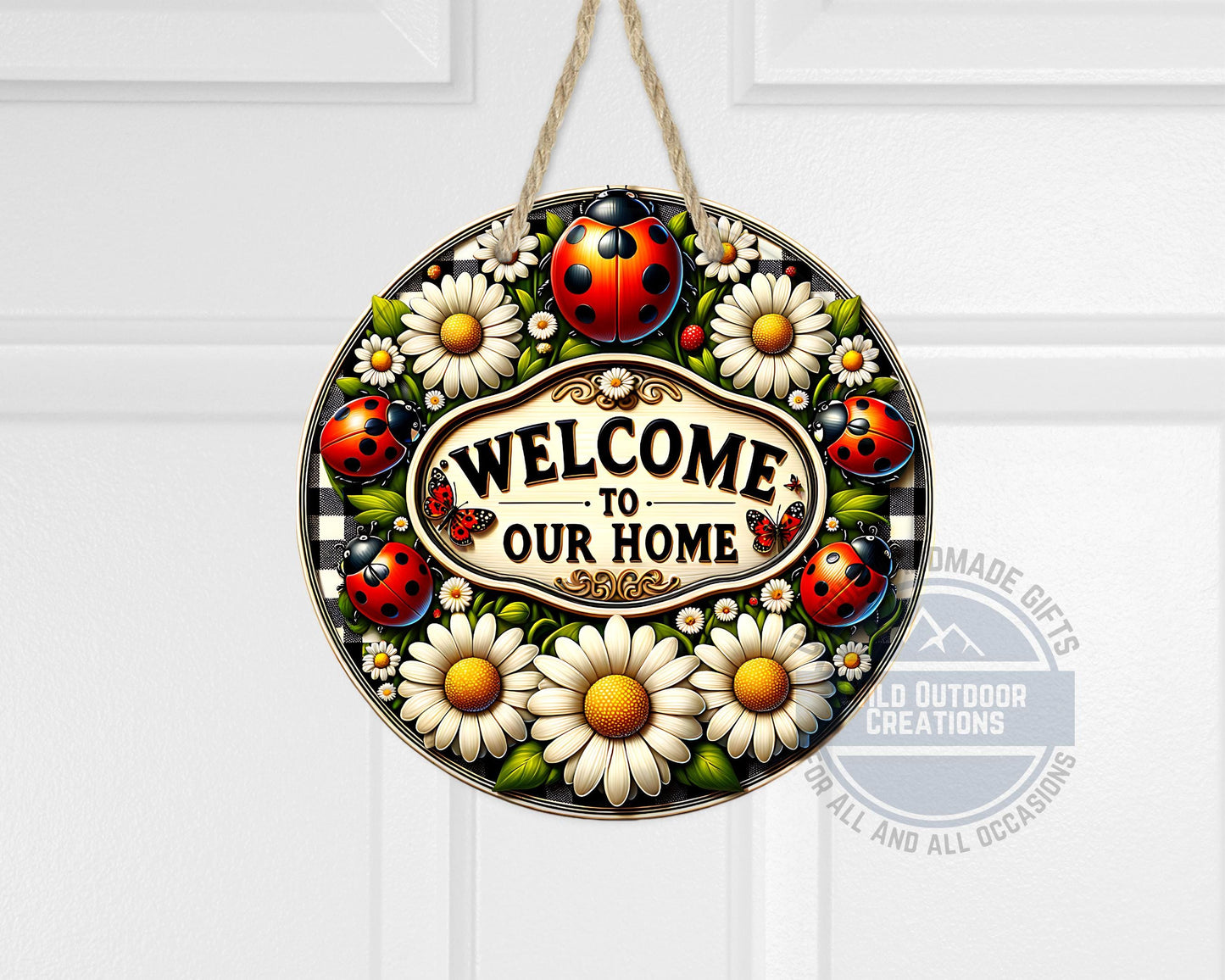 Welcome Door Hanger - Outdoor Aluminum Round Sign With Ladybug & Daisy Design