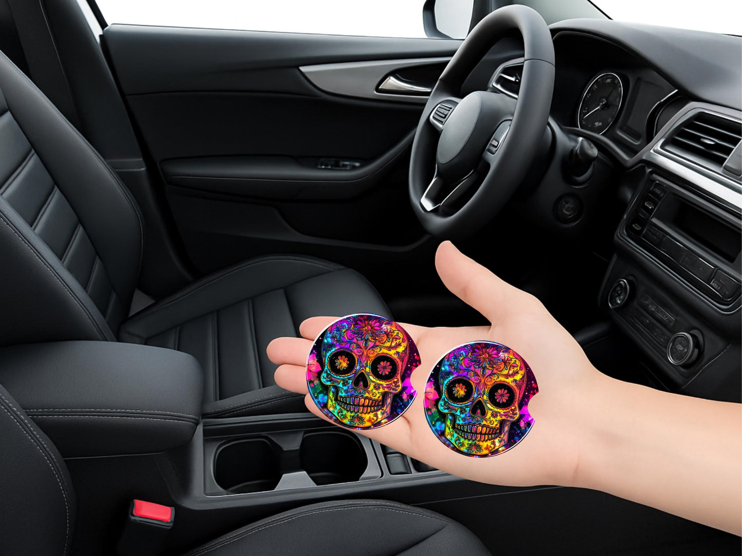 Rainbow Sugar Skull Car Coaster - Stylish Sandstone Cup Holder Mat for Vehicle Decor