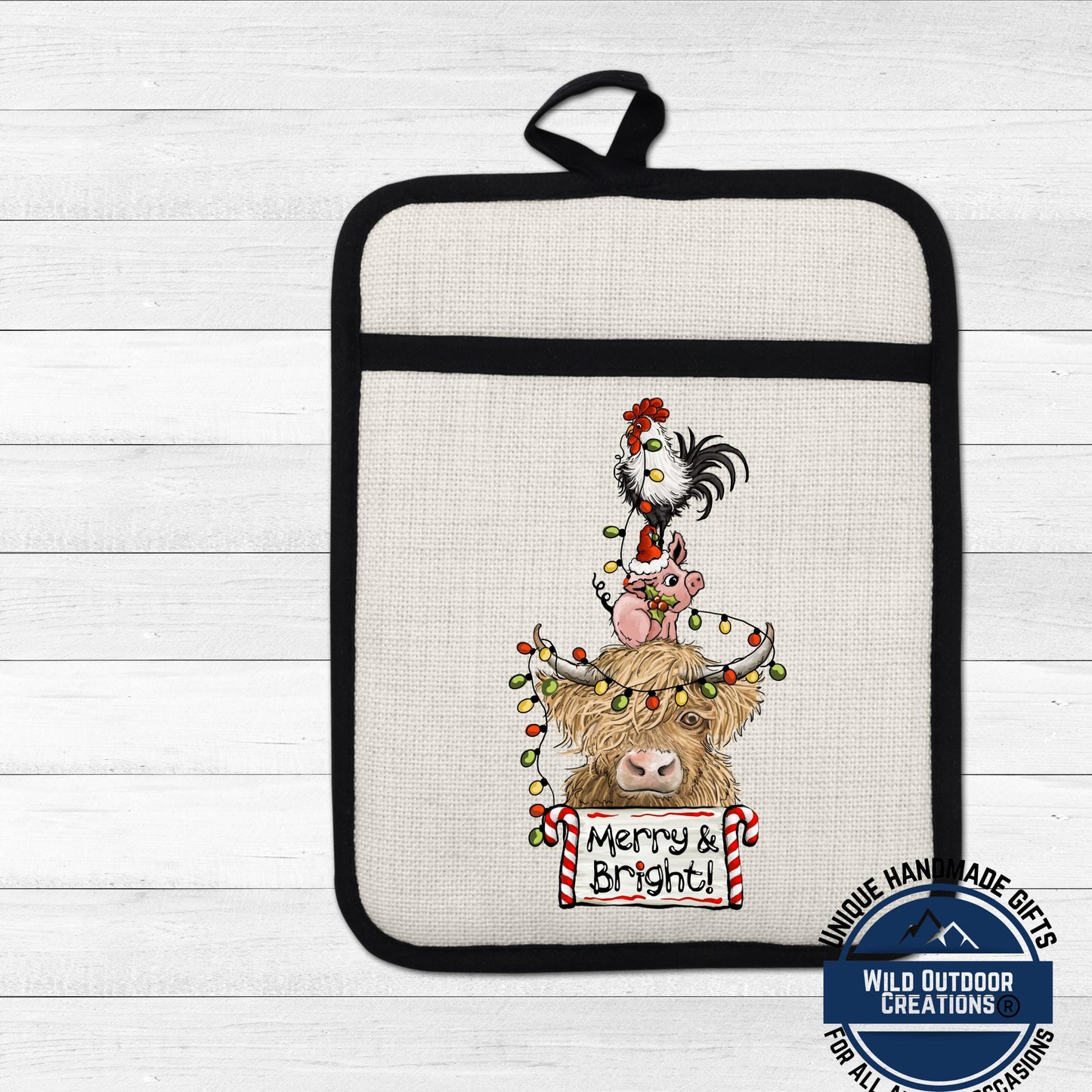 Highland Cow Pot Holder Linen Hot Pad Pig Rooster Merry Bright Kitchen Gift
