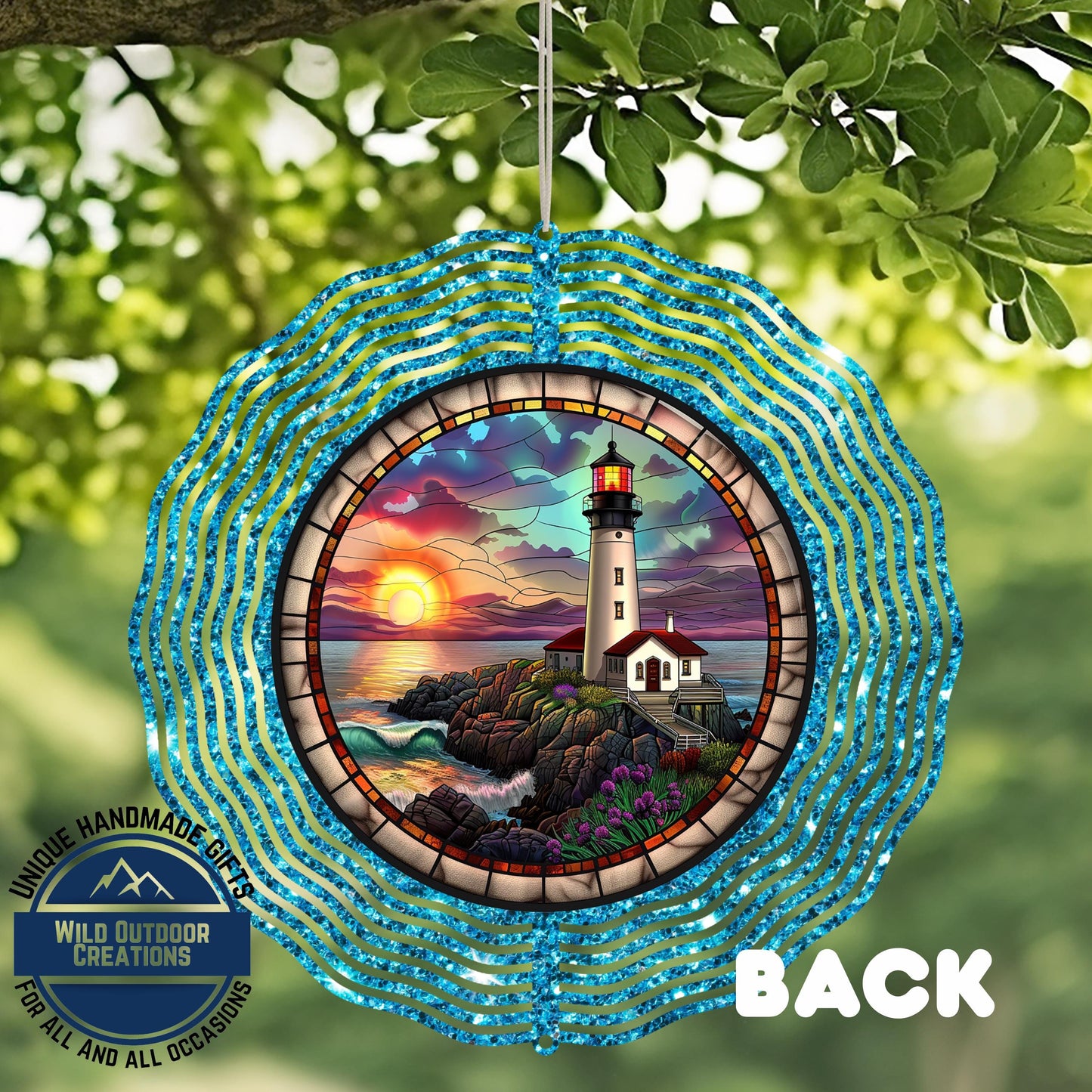 Lighthouse Wind Spinner - Double Sided Coastal Yard Art with 360 Swivel Hook - close-up detail of design