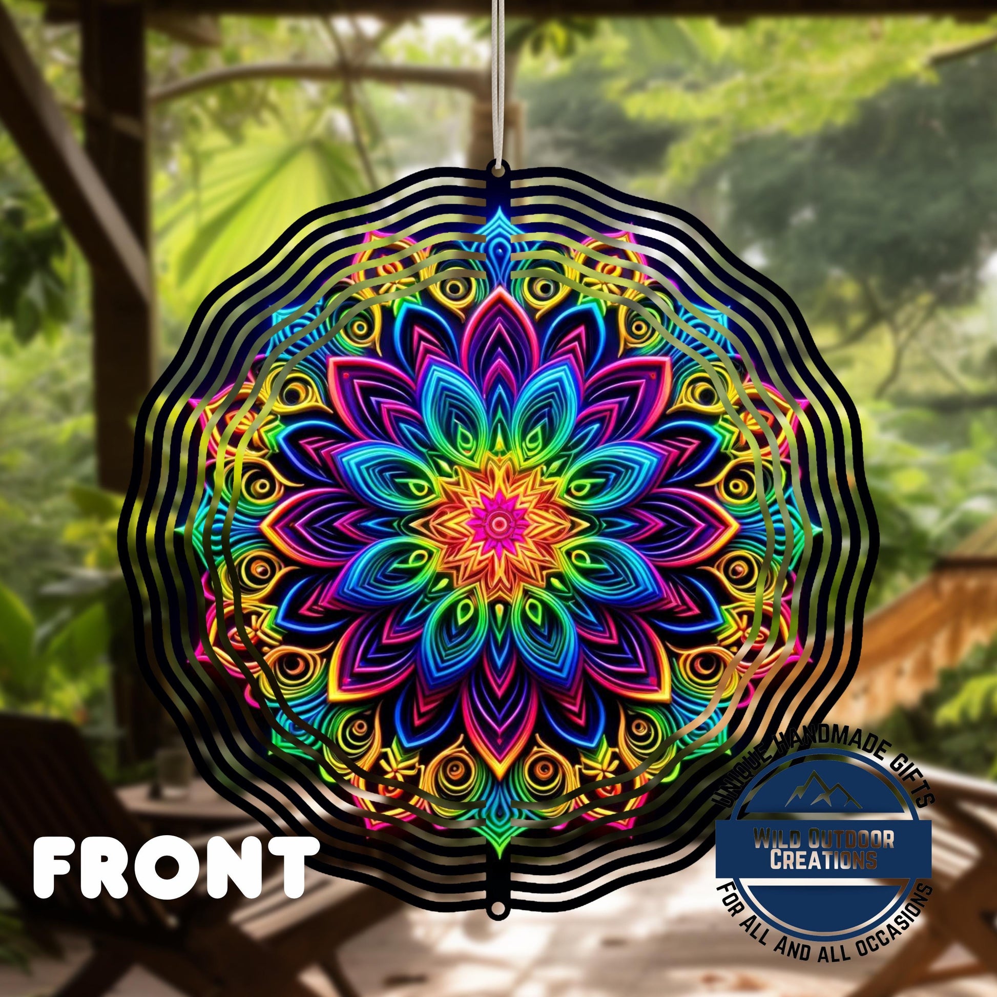 Neon Rainbow Wind Spinner – 10 Inch Mandala Double-Sided Aluminum Yard Art - back side design view