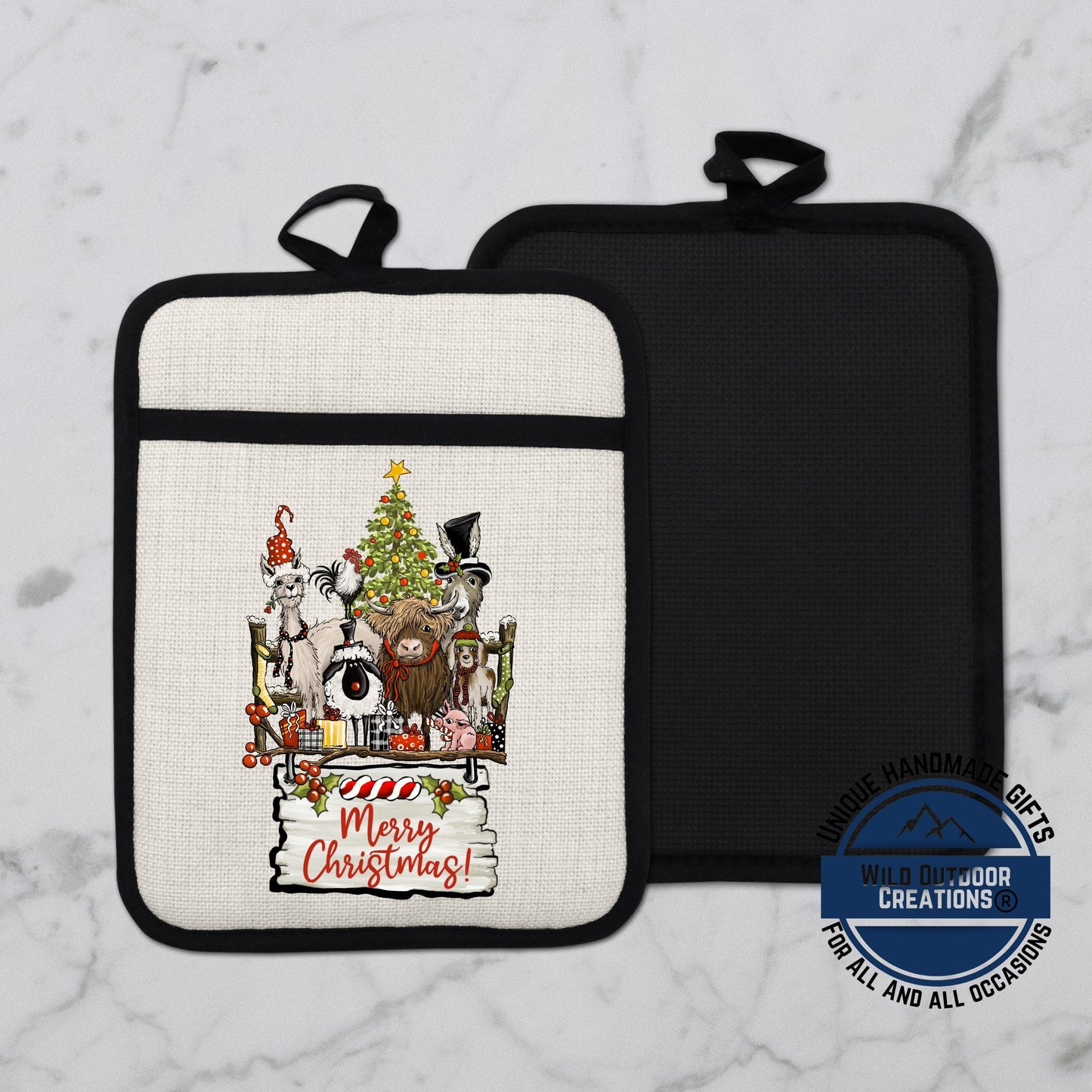 Farmhouse Pot Holder Linen Hot Pad Highland Cow Llama Christmas Kitchen Gift Decor