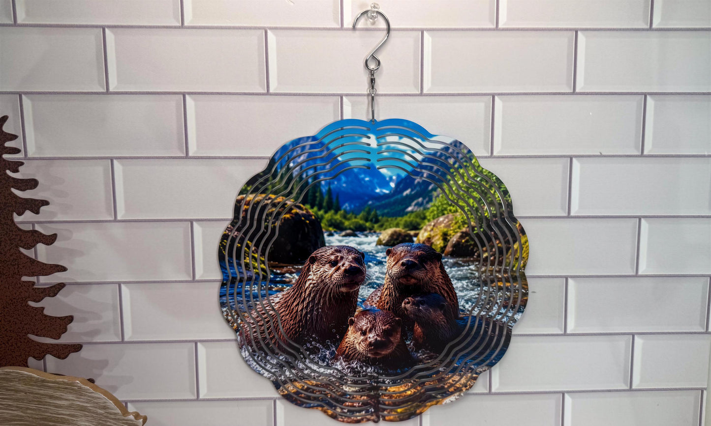 Family Otter 10 Inch Wind Spinner, Wildlife Porch Decor - 360 Swivel | Indoor Outdoor Accent