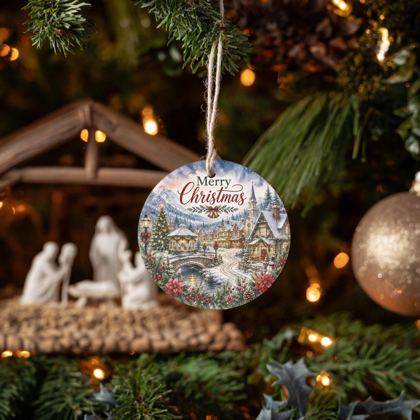 Ceramic Christmas Ornament, Snowy Church Village Scene, 3 Inch Round