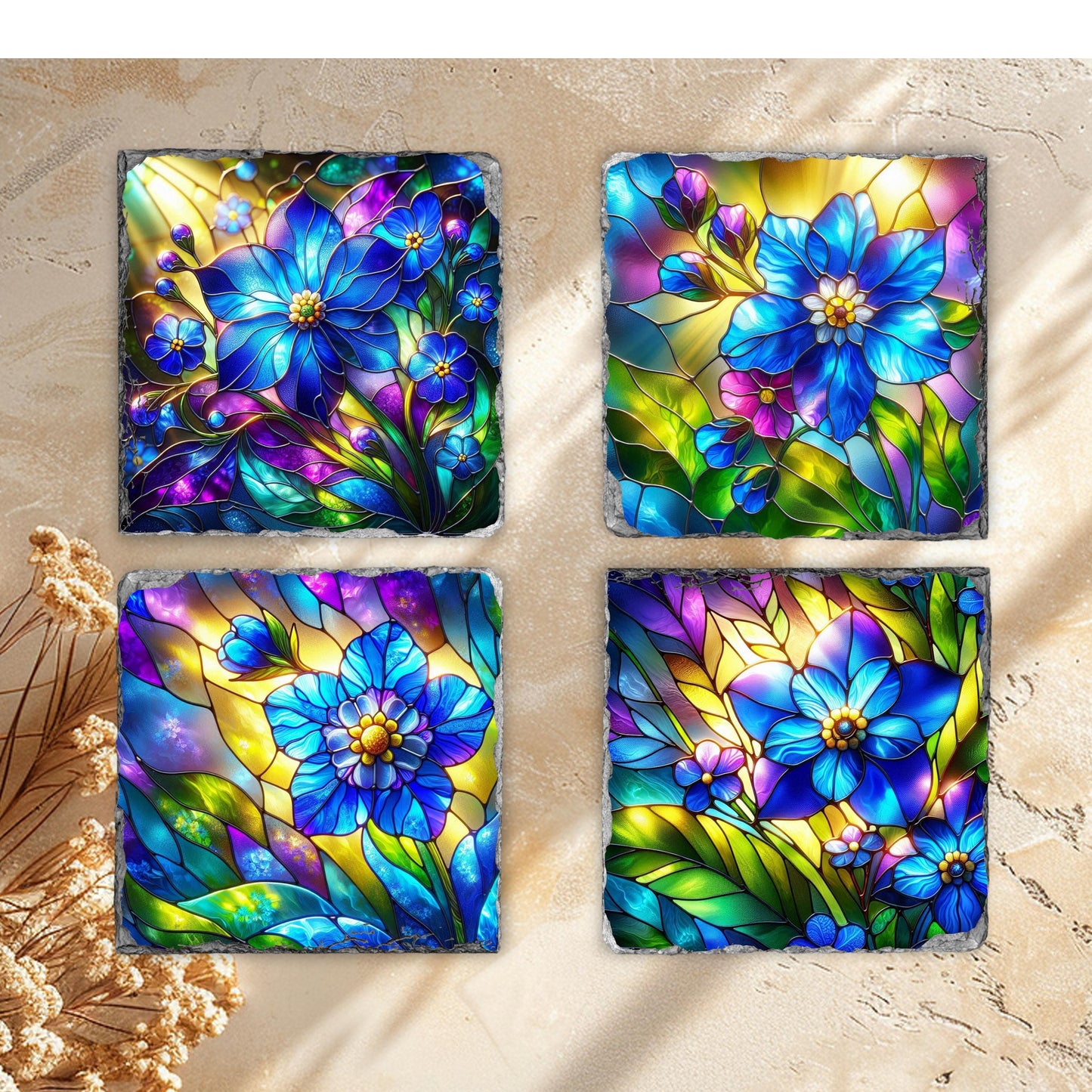 Slate Coaster Set with Faux Stained Glass Forget Me Not Flowers  Black Rack  Handcrafted Alaska State Gift