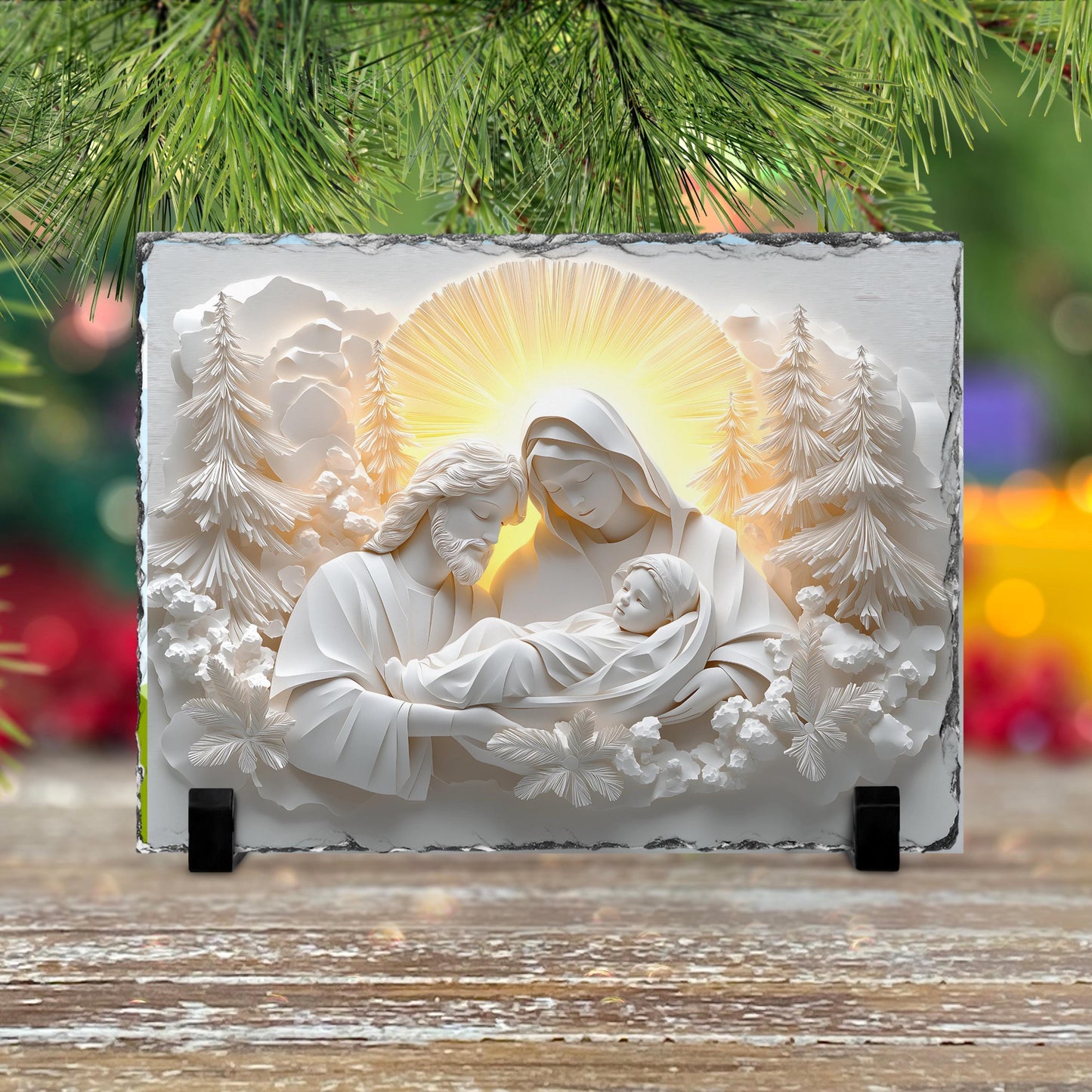 Fractured Edges Slate Plaque - 3D Nativity Scene with Mary Joseph  Baby Jesus